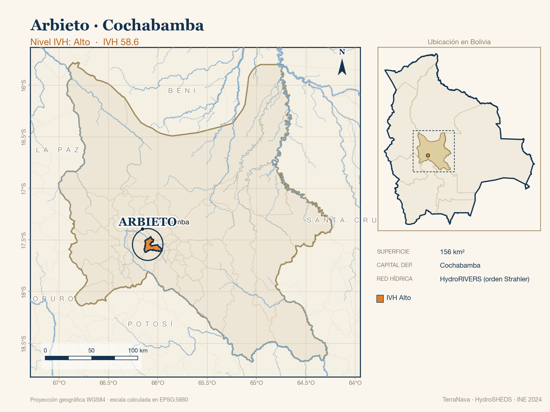 Mapa localizador de Arbieto (Cochabamba): zoom departamental con red hídrica HydroRIVERS, municipio destacado por nivel IVH y ubicación en Bolivia