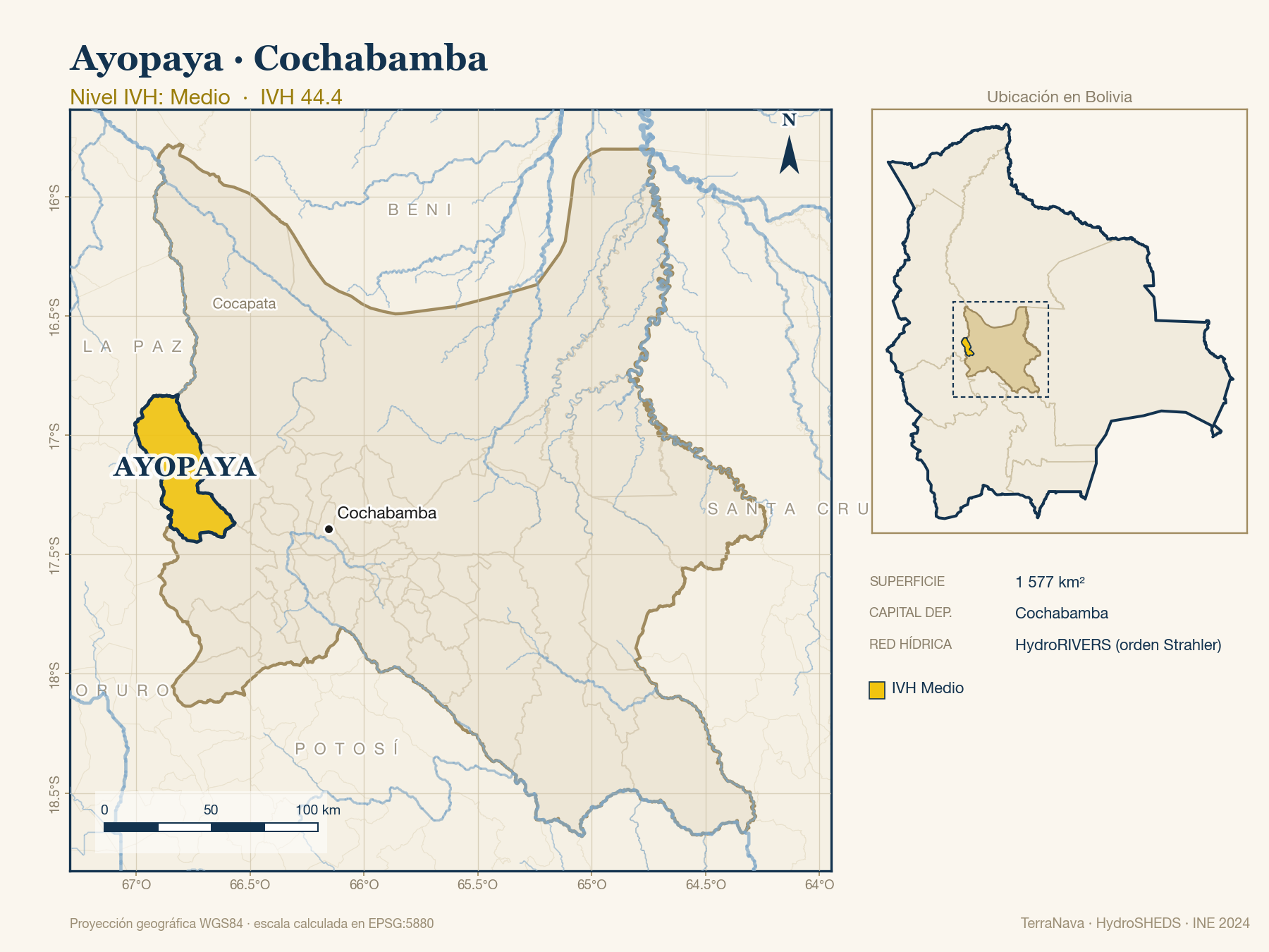 Mapa localizador de Ayopaya (Cochabamba): zoom departamental con red hídrica HydroRIVERS, municipio destacado por nivel IVH y ubicación en Bolivia