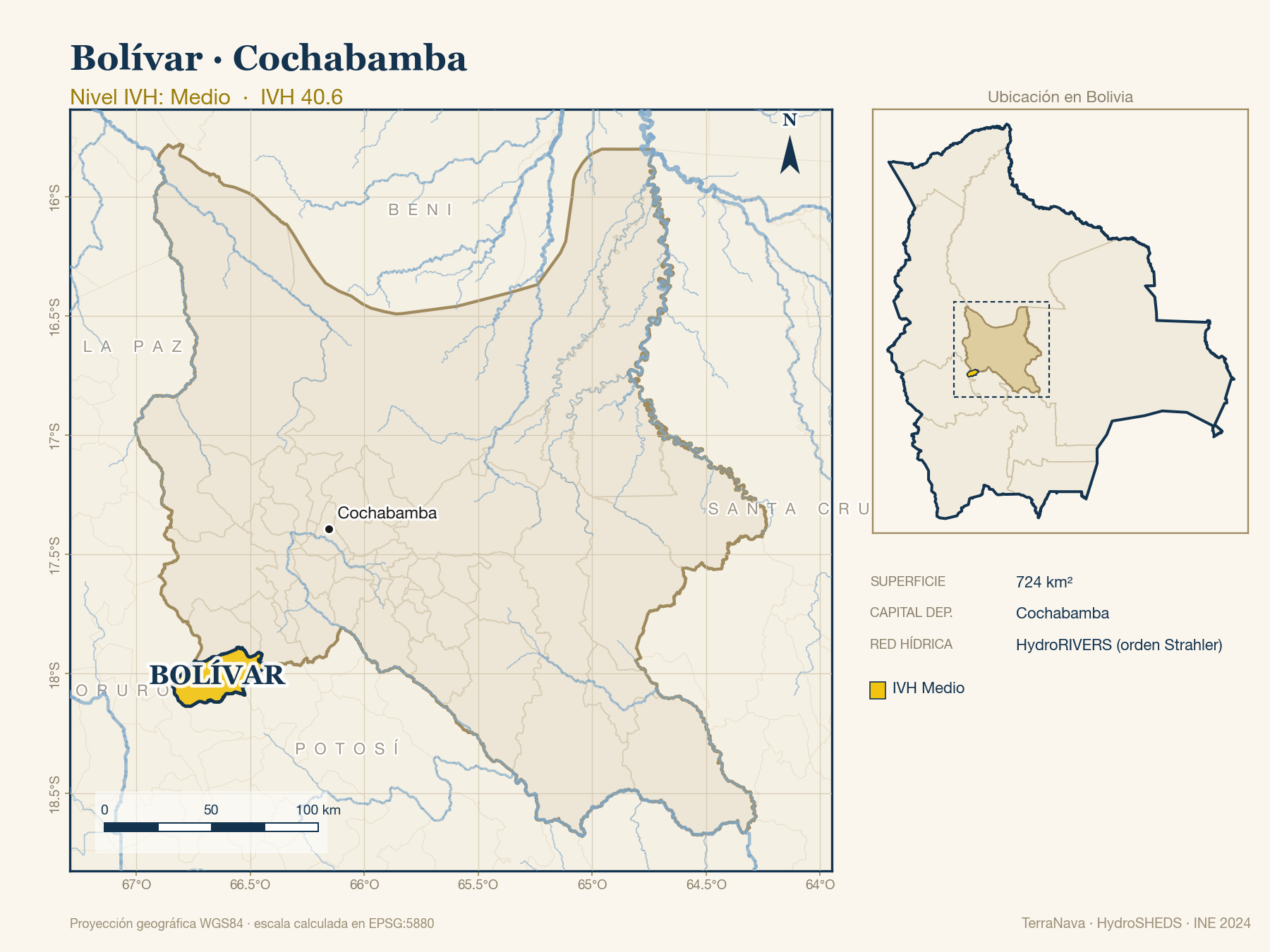 Mapa localizador de Bolívar (Cochabamba): zoom departamental con red hídrica HydroRIVERS, municipio destacado por nivel IVH y ubicación en Bolivia