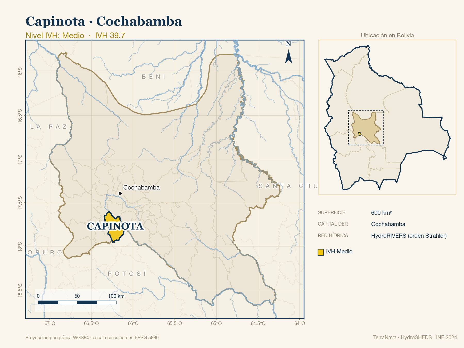 Mapa localizador de Capinota (Cochabamba): zoom departamental con red hídrica HydroRIVERS, municipio destacado por nivel IVH y ubicación en Bolivia
