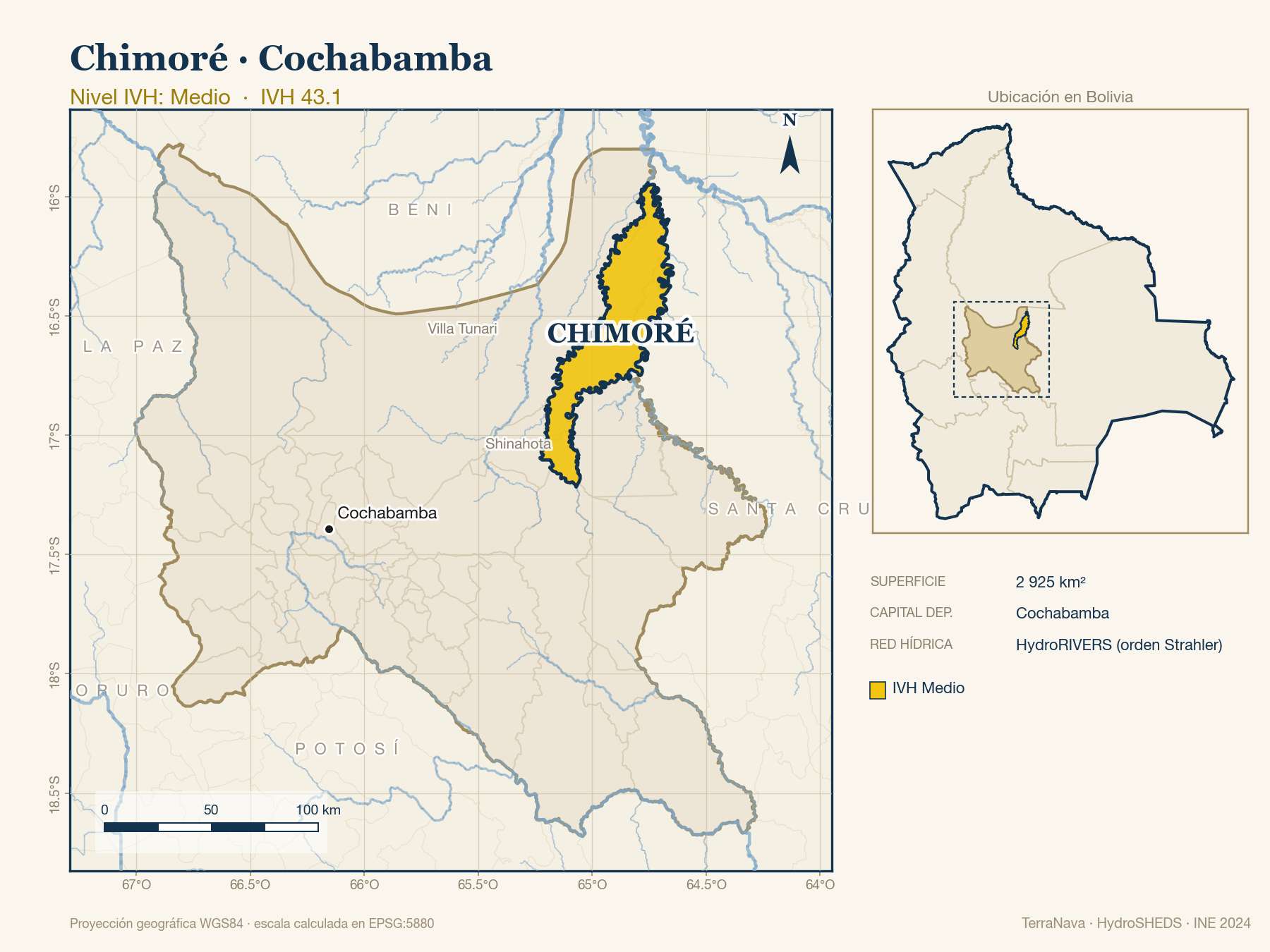 Mapa localizador de Chimoré (Cochabamba): zoom departamental con red hídrica HydroRIVERS, municipio destacado por nivel IVH y ubicación en Bolivia