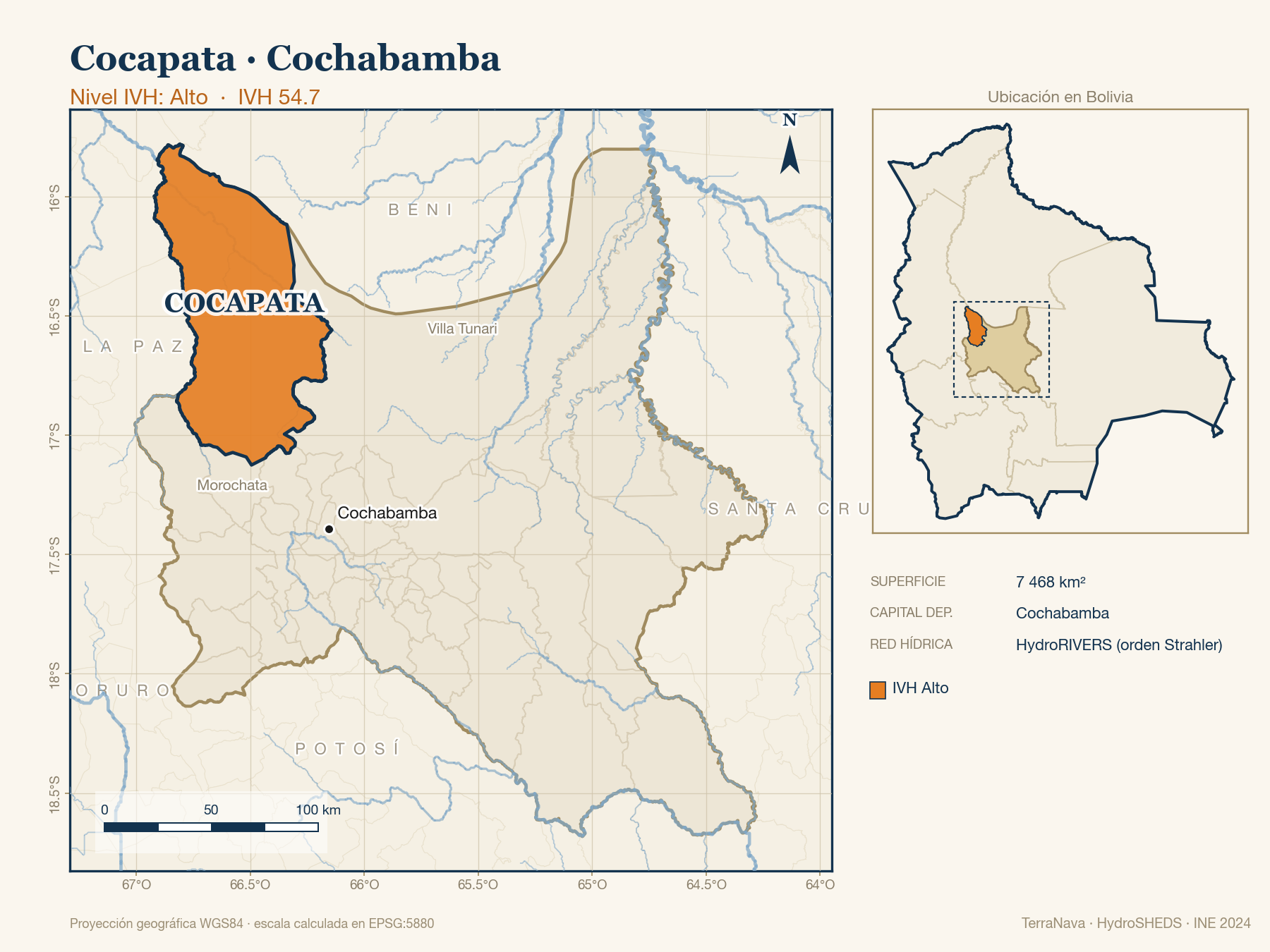Mapa localizador de Cocapata (Cochabamba): zoom departamental con red hídrica HydroRIVERS, municipio destacado por nivel IVH y ubicación en Bolivia
