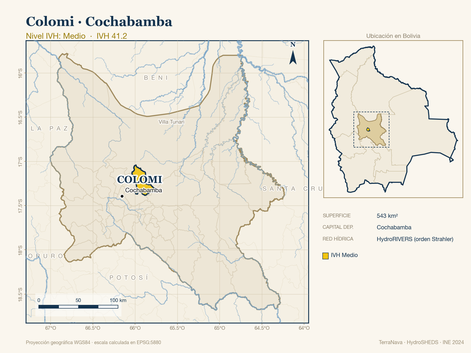 Mapa localizador de Colomi (Cochabamba): zoom departamental con red hídrica HydroRIVERS, municipio destacado por nivel IVH y ubicación en Bolivia
