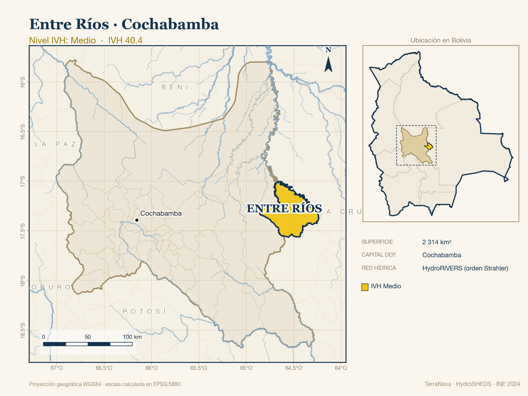 Mapa localizador de Entre Ríos (Cochabamba): zoom departamental con red hídrica HydroRIVERS, municipio destacado por nivel IVH y ubicación en Bolivia