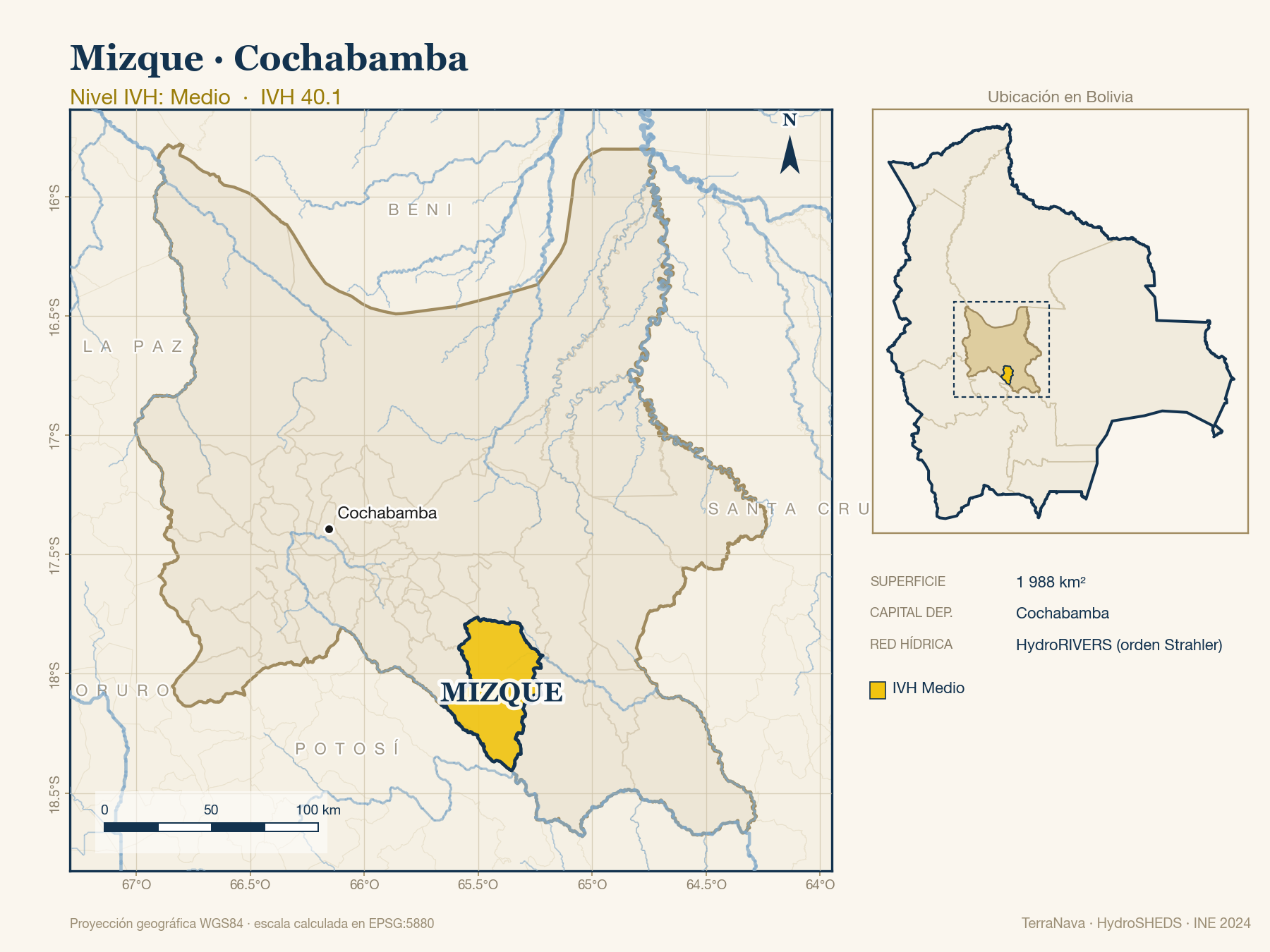 Mapa localizador de Mizque (Cochabamba): zoom departamental con red hídrica HydroRIVERS, municipio destacado por nivel IVH y ubicación en Bolivia