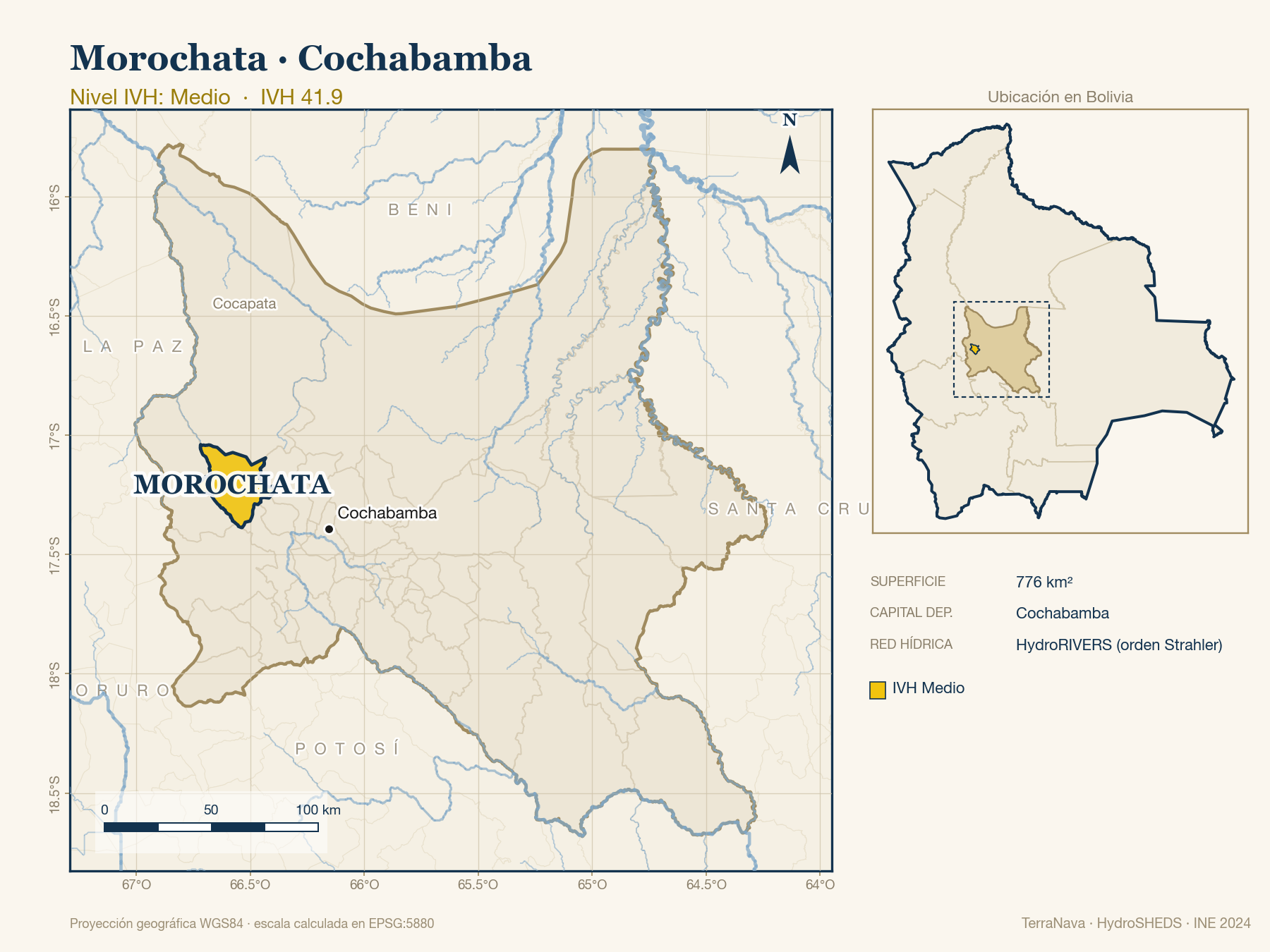 Mapa localizador de Morochata (Cochabamba): zoom departamental con red hídrica HydroRIVERS, municipio destacado por nivel IVH y ubicación en Bolivia