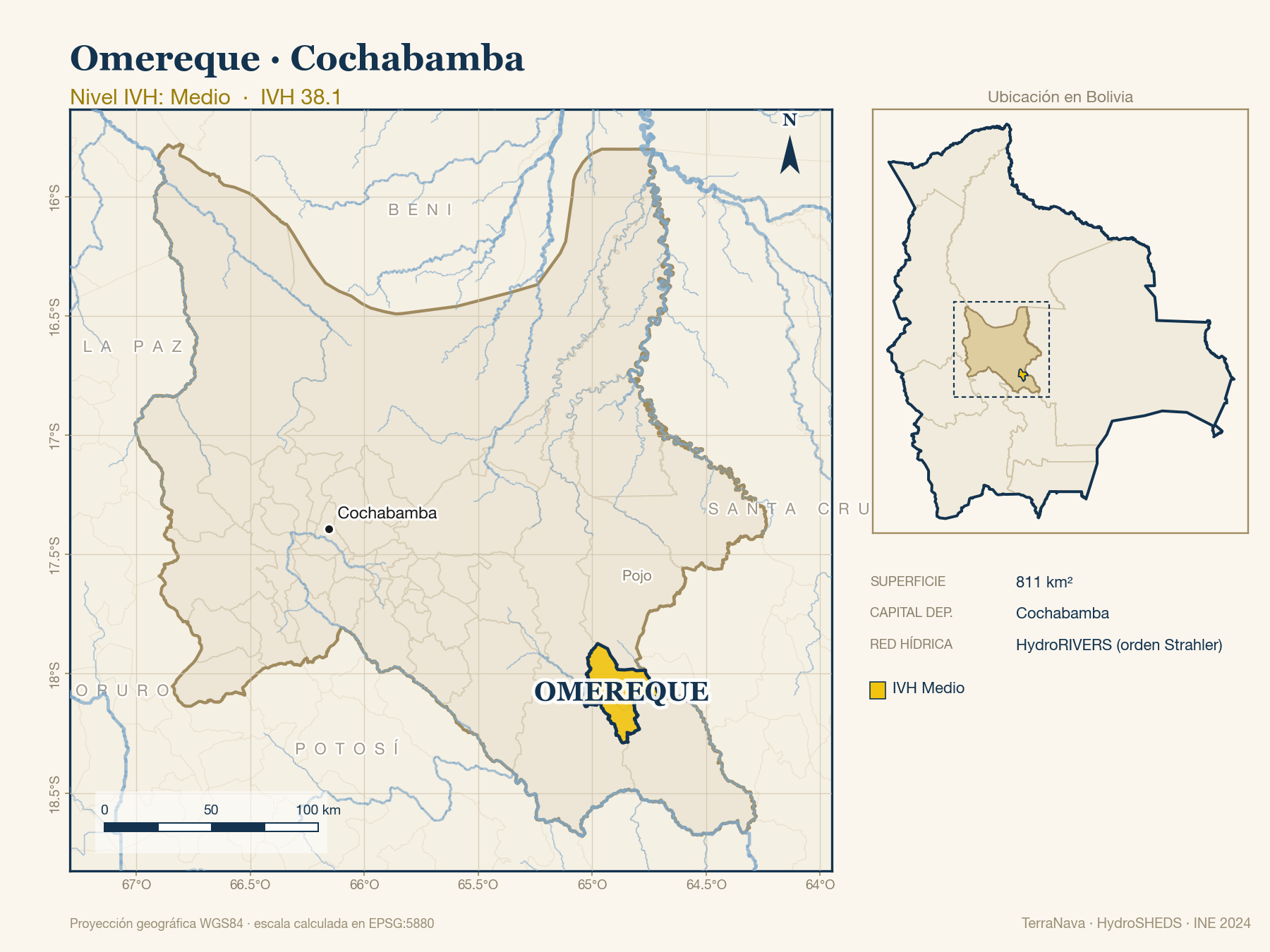 Mapa localizador de Omereque (Cochabamba): zoom departamental con red hídrica HydroRIVERS, municipio destacado por nivel IVH y ubicación en Bolivia