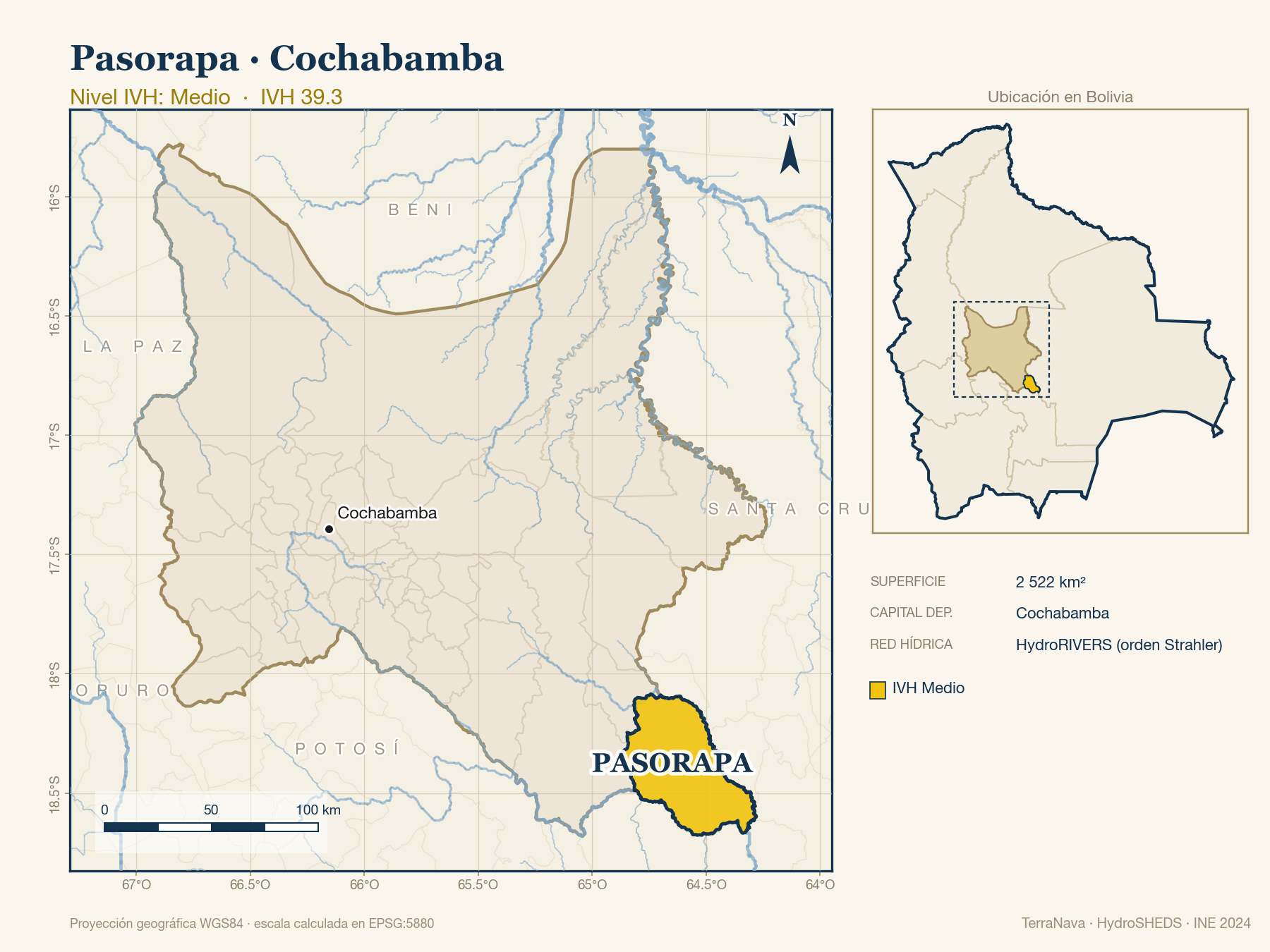 Mapa localizador de Pasorapa (Cochabamba): zoom departamental con red hídrica HydroRIVERS, municipio destacado por nivel IVH y ubicación en Bolivia