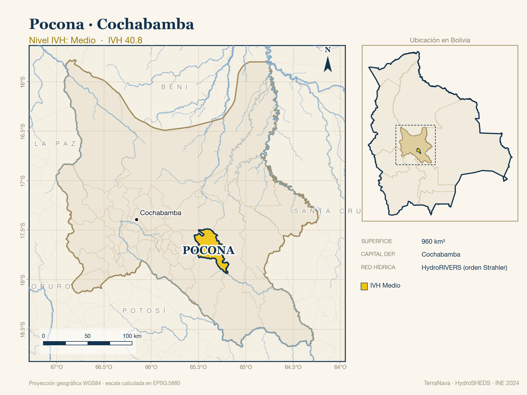 Mapa localizador de Pocona (Cochabamba): zoom departamental con red hídrica HydroRIVERS, municipio destacado por nivel IVH y ubicación en Bolivia