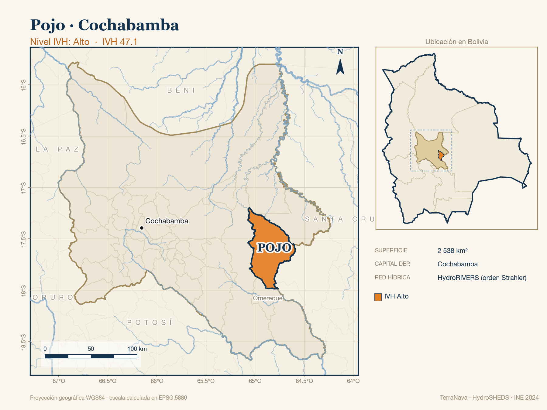 Mapa localizador de Pojo (Cochabamba): zoom departamental con red hídrica HydroRIVERS, municipio destacado por nivel IVH y ubicación en Bolivia