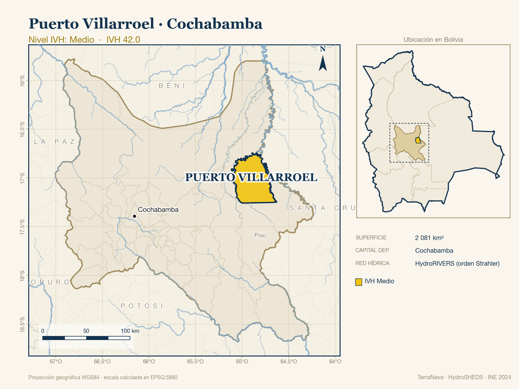 Mapa localizador de Puerto Villarroel (Cochabamba): zoom departamental con red hídrica HydroRIVERS, municipio destacado por nivel IVH y ubicación en Bolivia