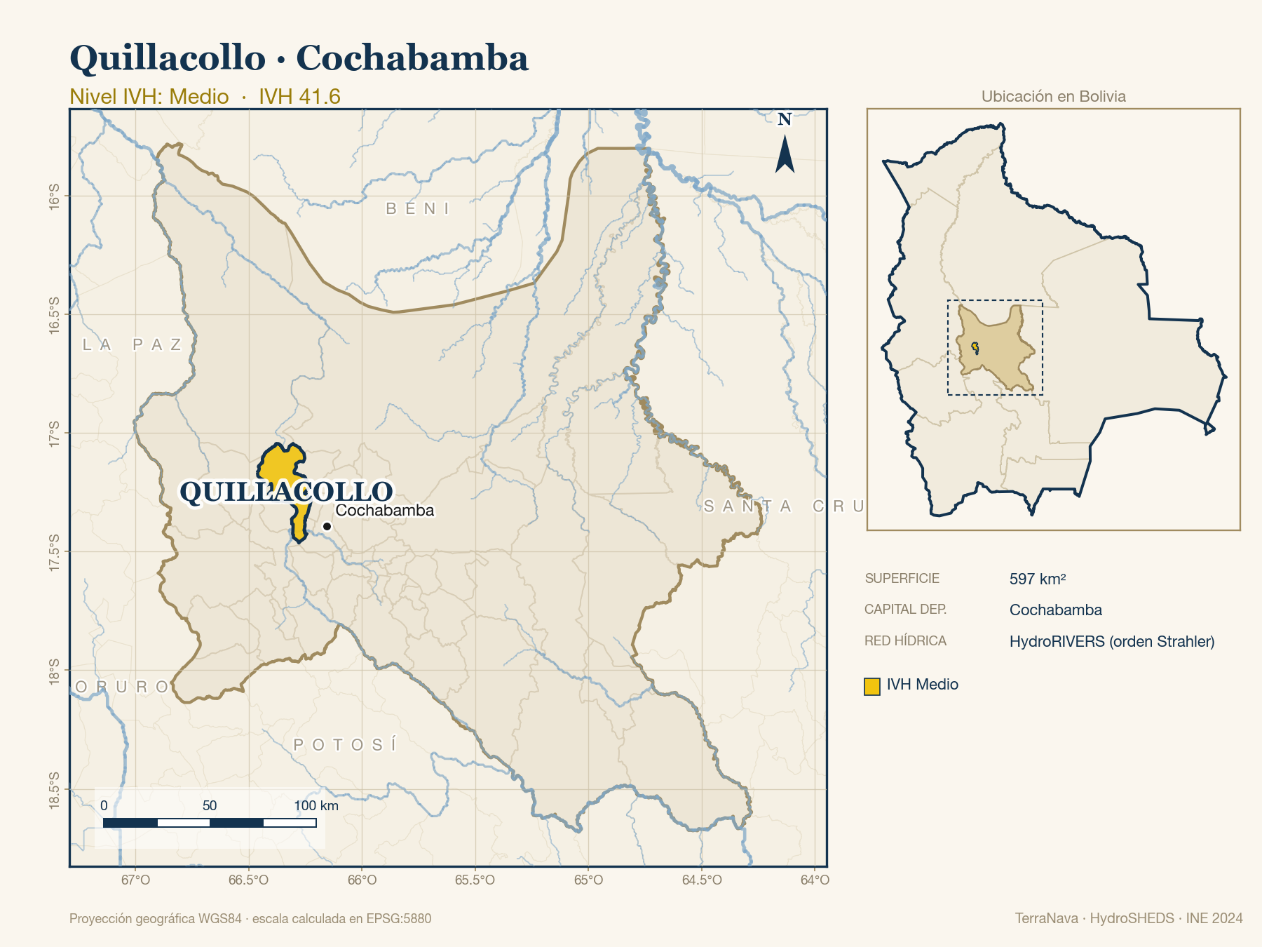 Mapa localizador de Quillacollo (Cochabamba): zoom departamental con red hídrica HydroRIVERS, municipio destacado por nivel IVH y ubicación en Bolivia