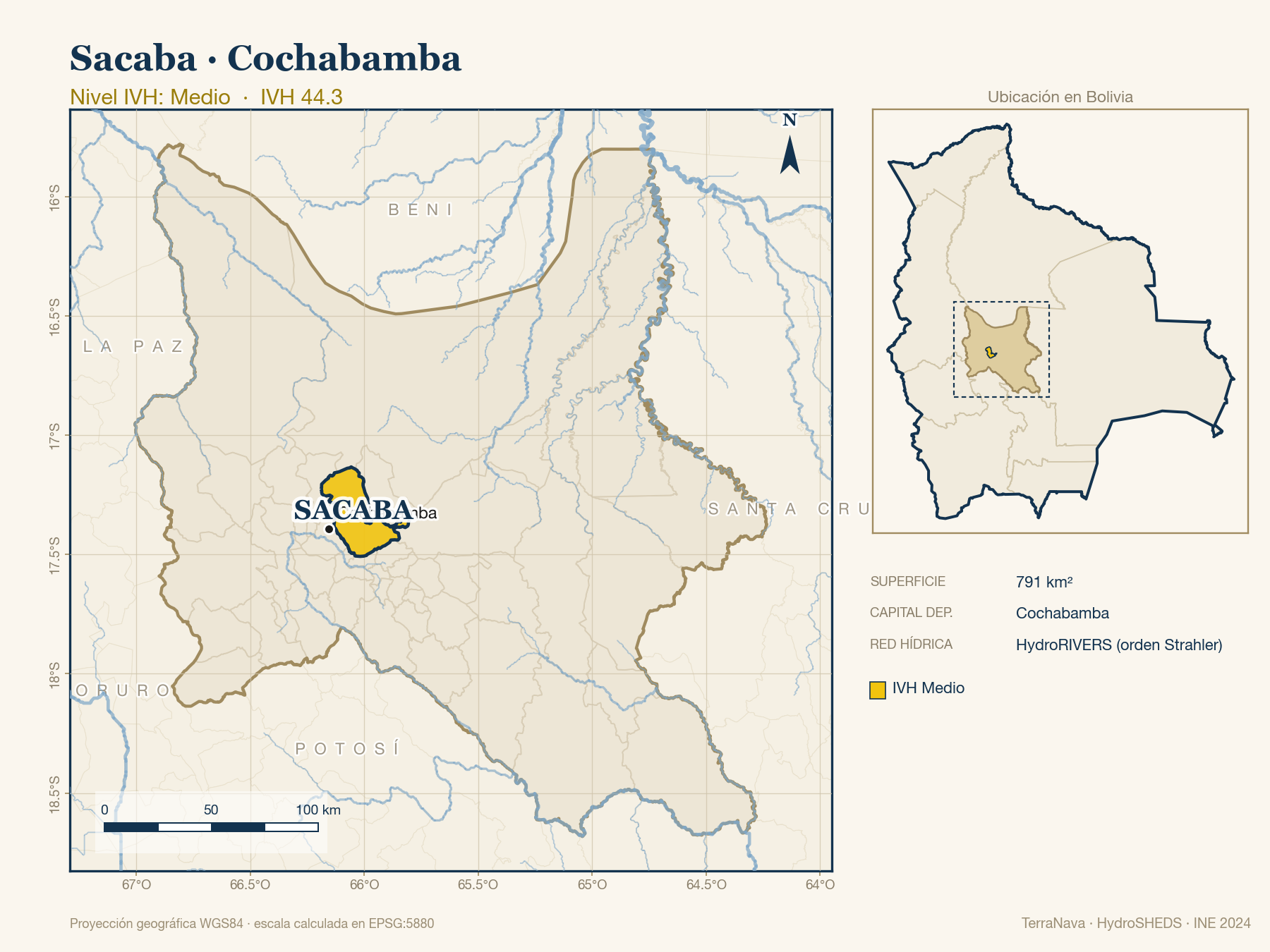 Mapa localizador de Sacaba (Cochabamba): zoom departamental con red hídrica HydroRIVERS, municipio destacado por nivel IVH y ubicación en Bolivia