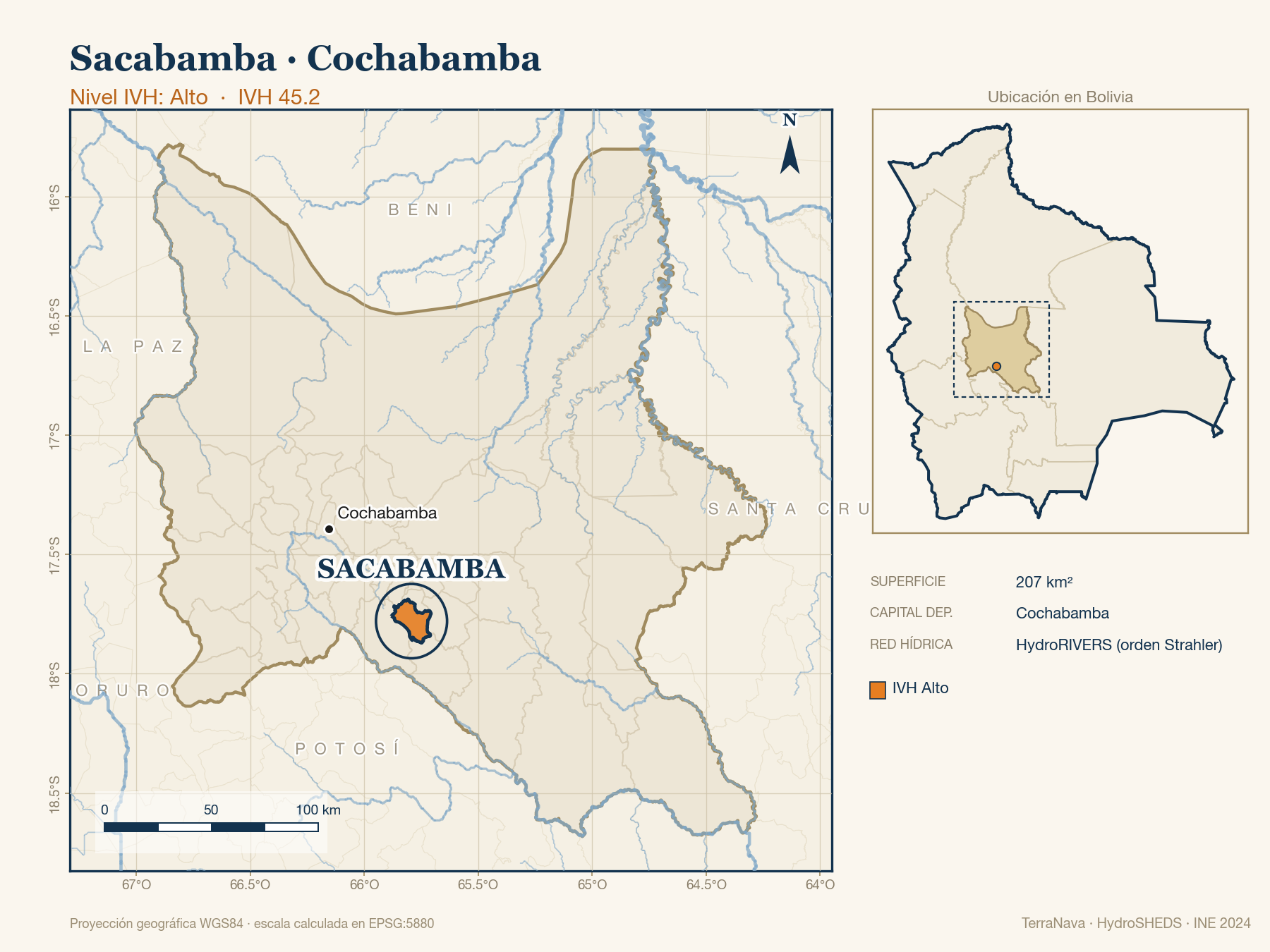 Mapa localizador de Sacabamba (Cochabamba): zoom departamental con red hídrica HydroRIVERS, municipio destacado por nivel IVH y ubicación en Bolivia