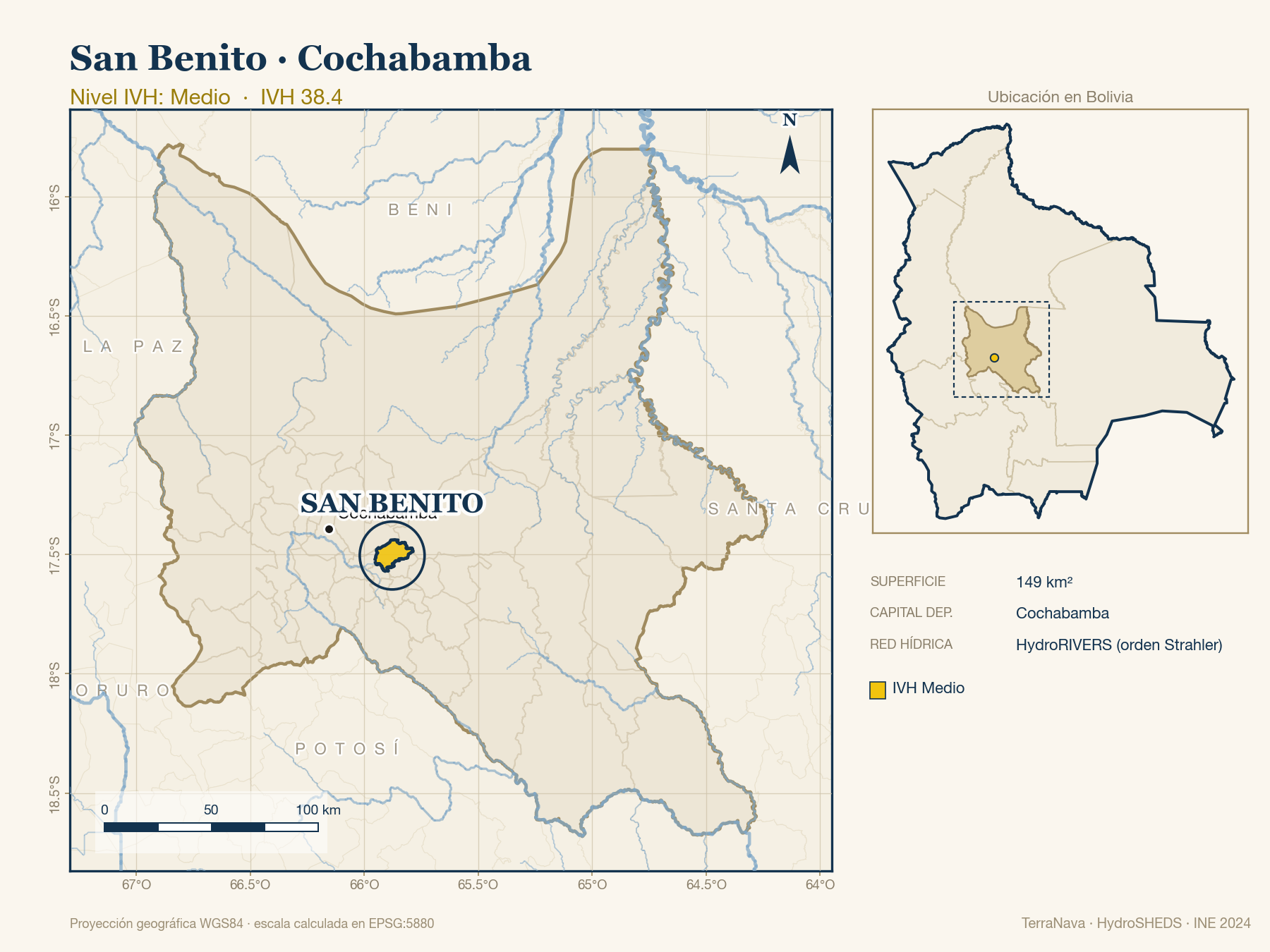 Mapa localizador de San Benito (Cochabamba): zoom departamental con red hídrica HydroRIVERS, municipio destacado por nivel IVH y ubicación en Bolivia