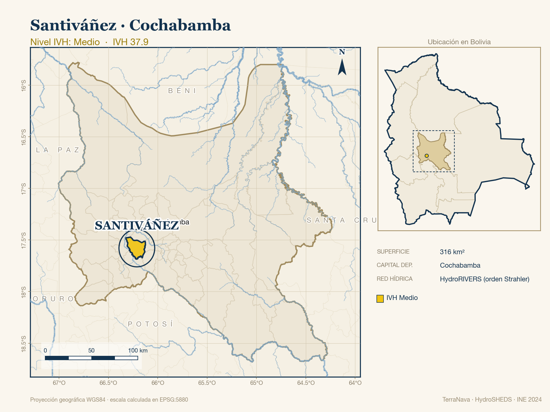 Mapa localizador de Santiváñez (Cochabamba): zoom departamental con red hídrica HydroRIVERS, municipio destacado por nivel IVH y ubicación en Bolivia