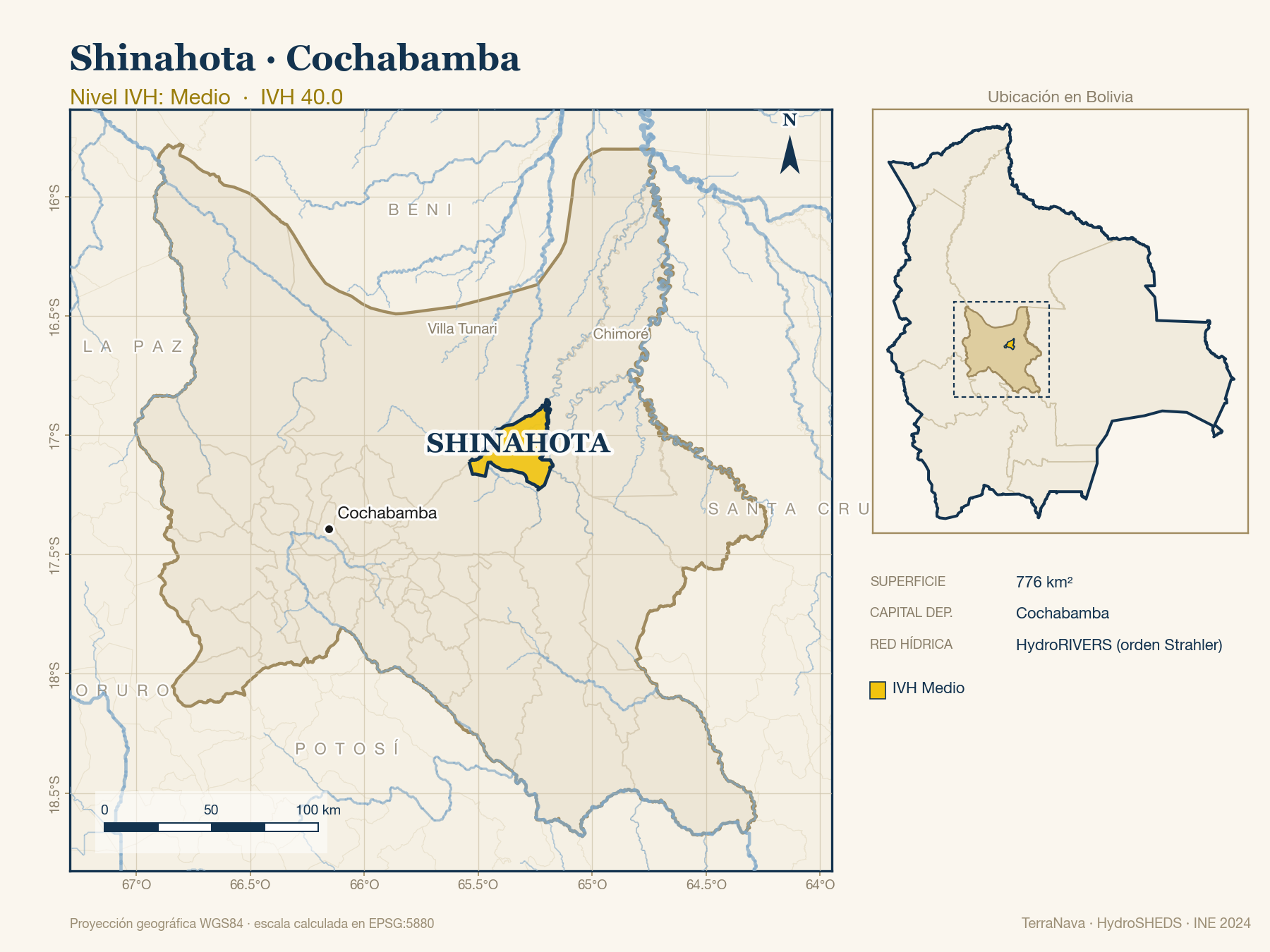 Mapa localizador de Shinahota (Cochabamba): zoom departamental con red hídrica HydroRIVERS, municipio destacado por nivel IVH y ubicación en Bolivia