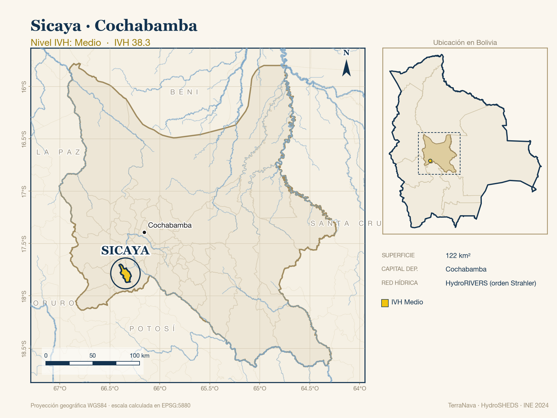 Mapa localizador de Sicaya (Cochabamba): zoom departamental con red hídrica HydroRIVERS, municipio destacado por nivel IVH y ubicación en Bolivia