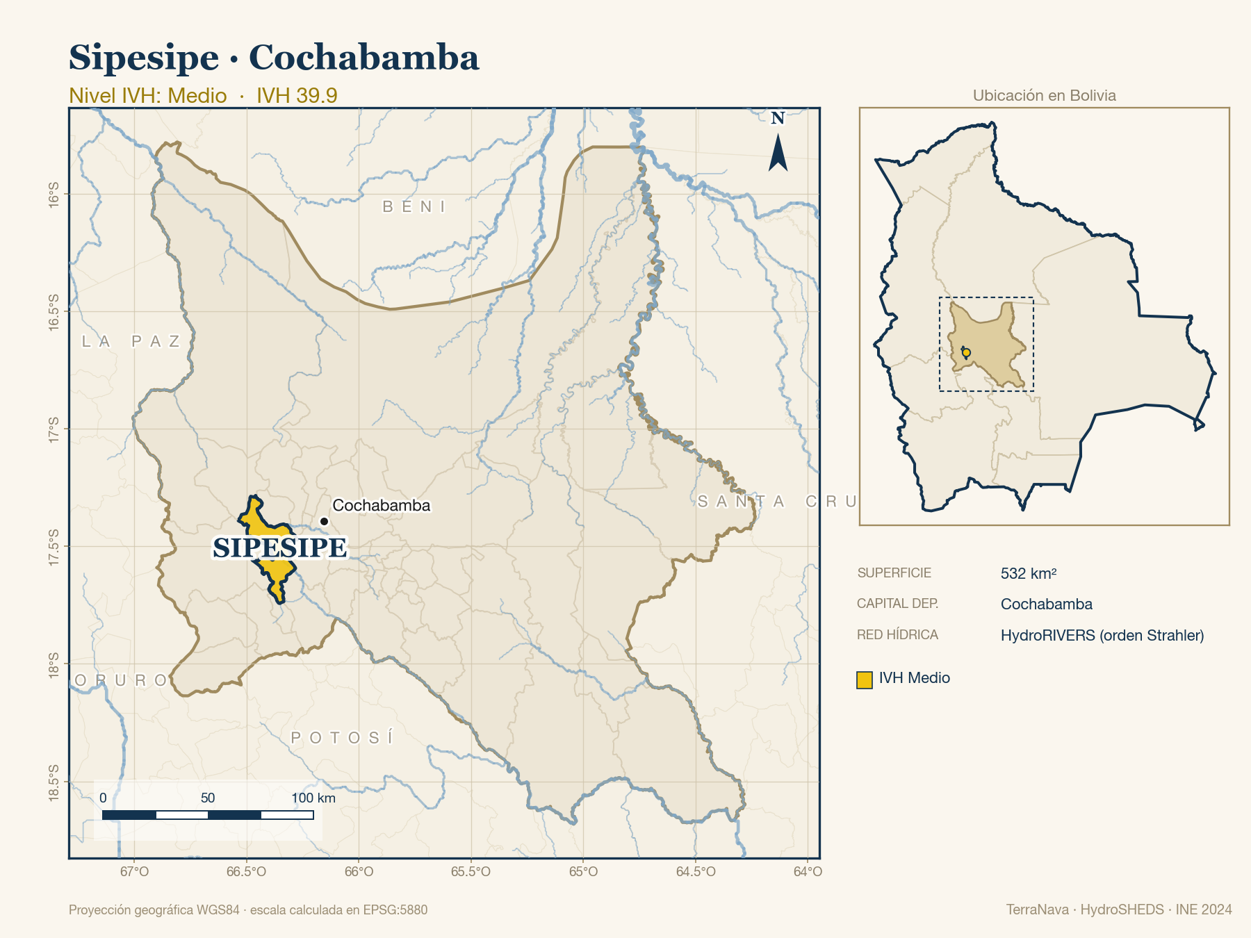 Mapa localizador de Sipesipe (Cochabamba): zoom departamental con red hídrica HydroRIVERS, municipio destacado por nivel IVH y ubicación en Bolivia