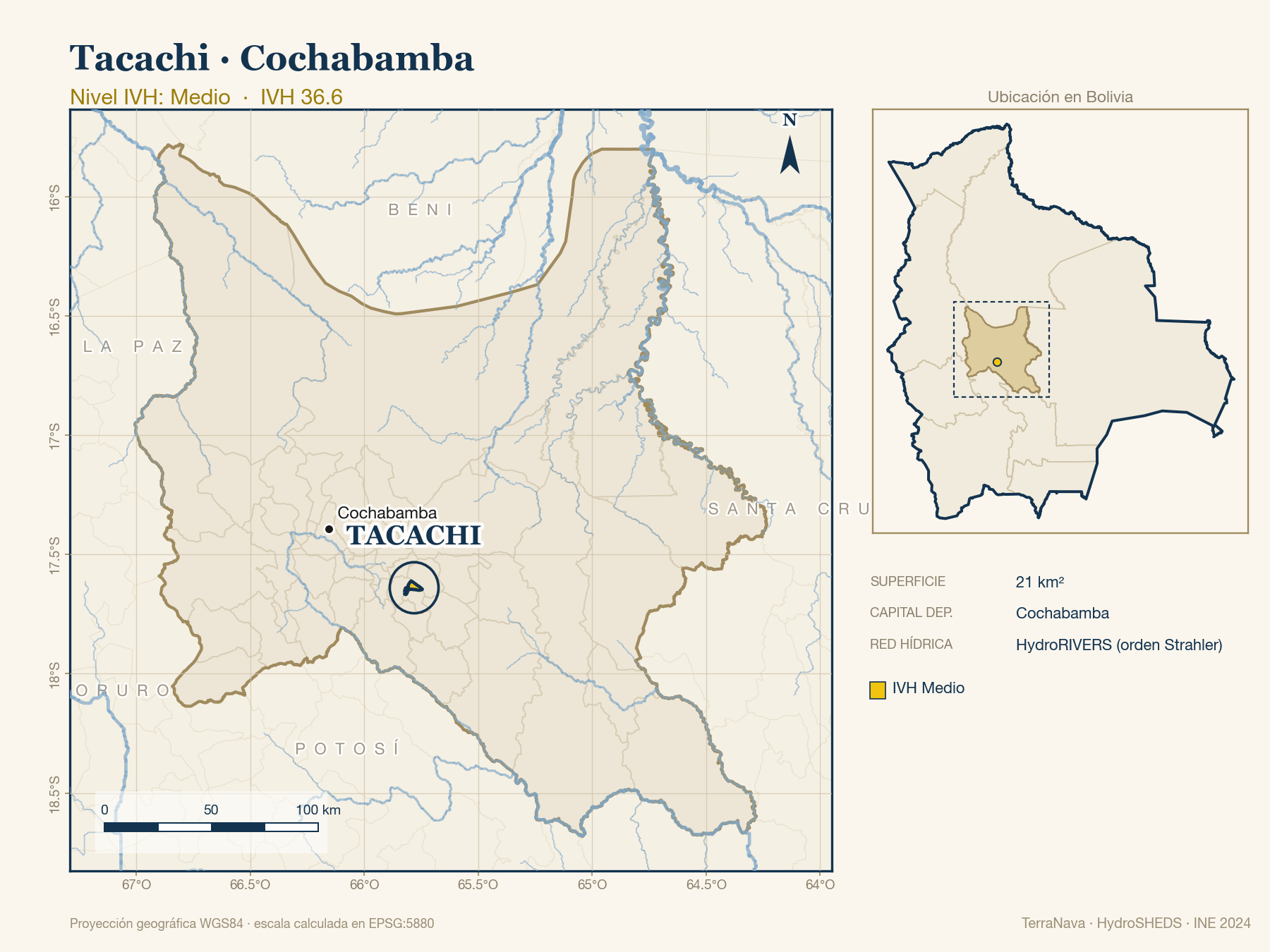 Mapa localizador de Tacachi (Cochabamba): zoom departamental con red hídrica HydroRIVERS, municipio destacado por nivel IVH y ubicación en Bolivia