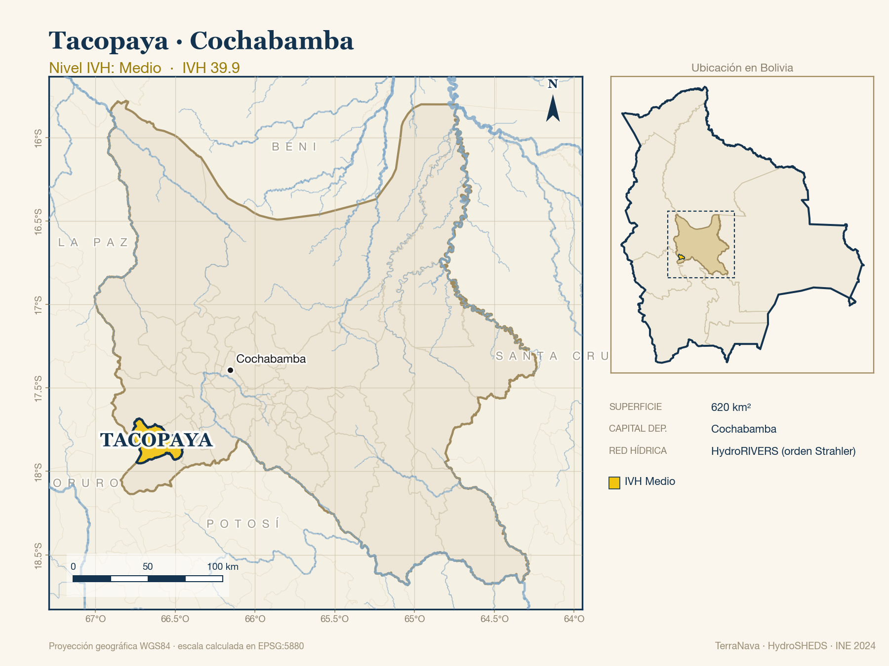 Mapa localizador de Tacopaya (Cochabamba): zoom departamental con red hídrica HydroRIVERS, municipio destacado por nivel IVH y ubicación en Bolivia