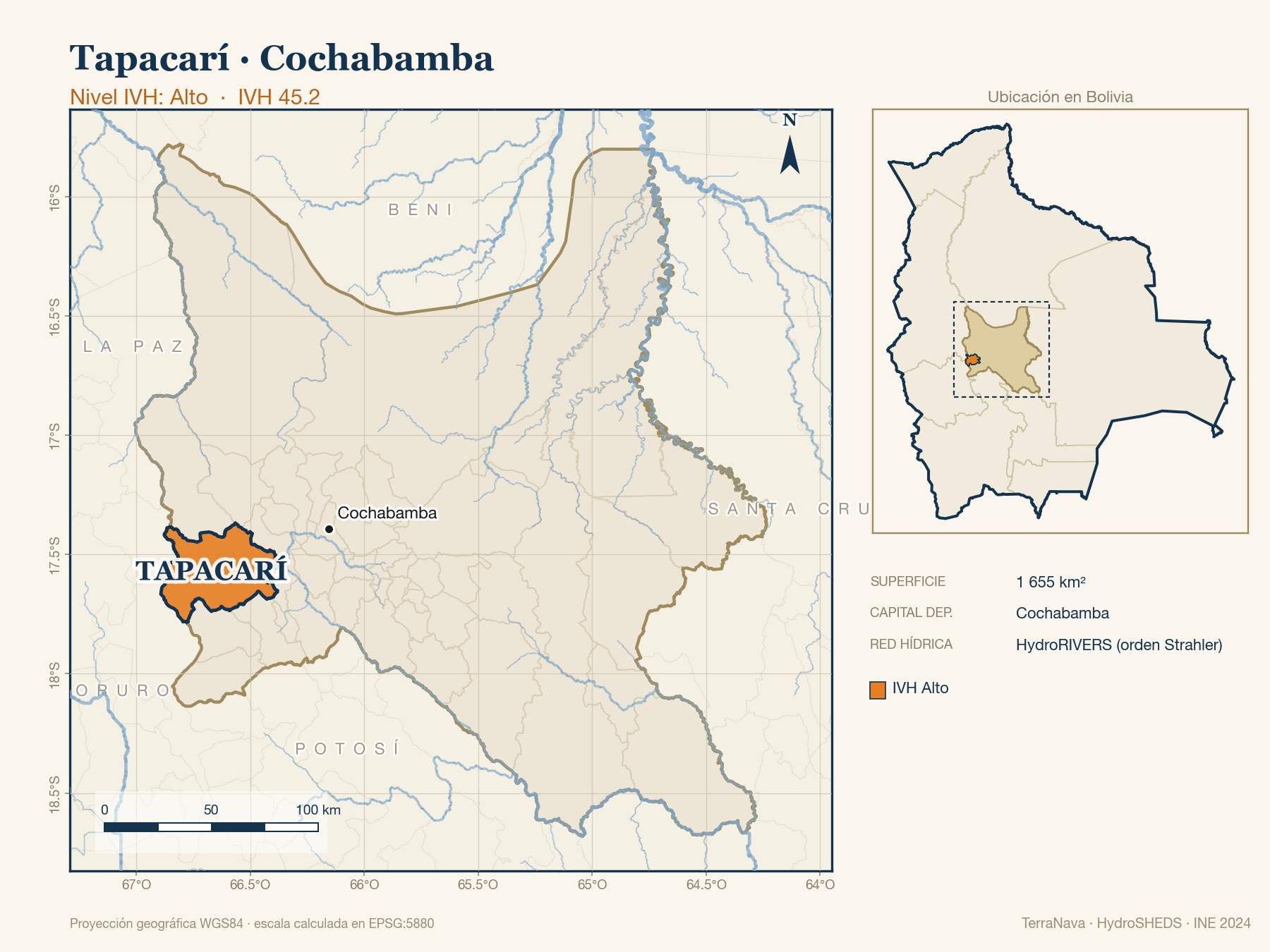 Mapa localizador de Tapacarí (Cochabamba): zoom departamental con red hídrica HydroRIVERS, municipio destacado por nivel IVH y ubicación en Bolivia