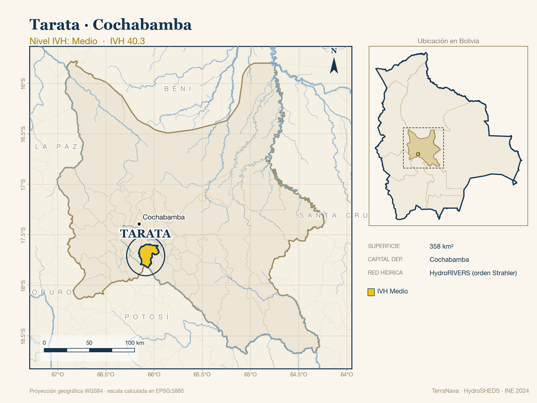 Mapa localizador de Tarata (Cochabamba): zoom departamental con red hídrica HydroRIVERS, municipio destacado por nivel IVH y ubicación en Bolivia