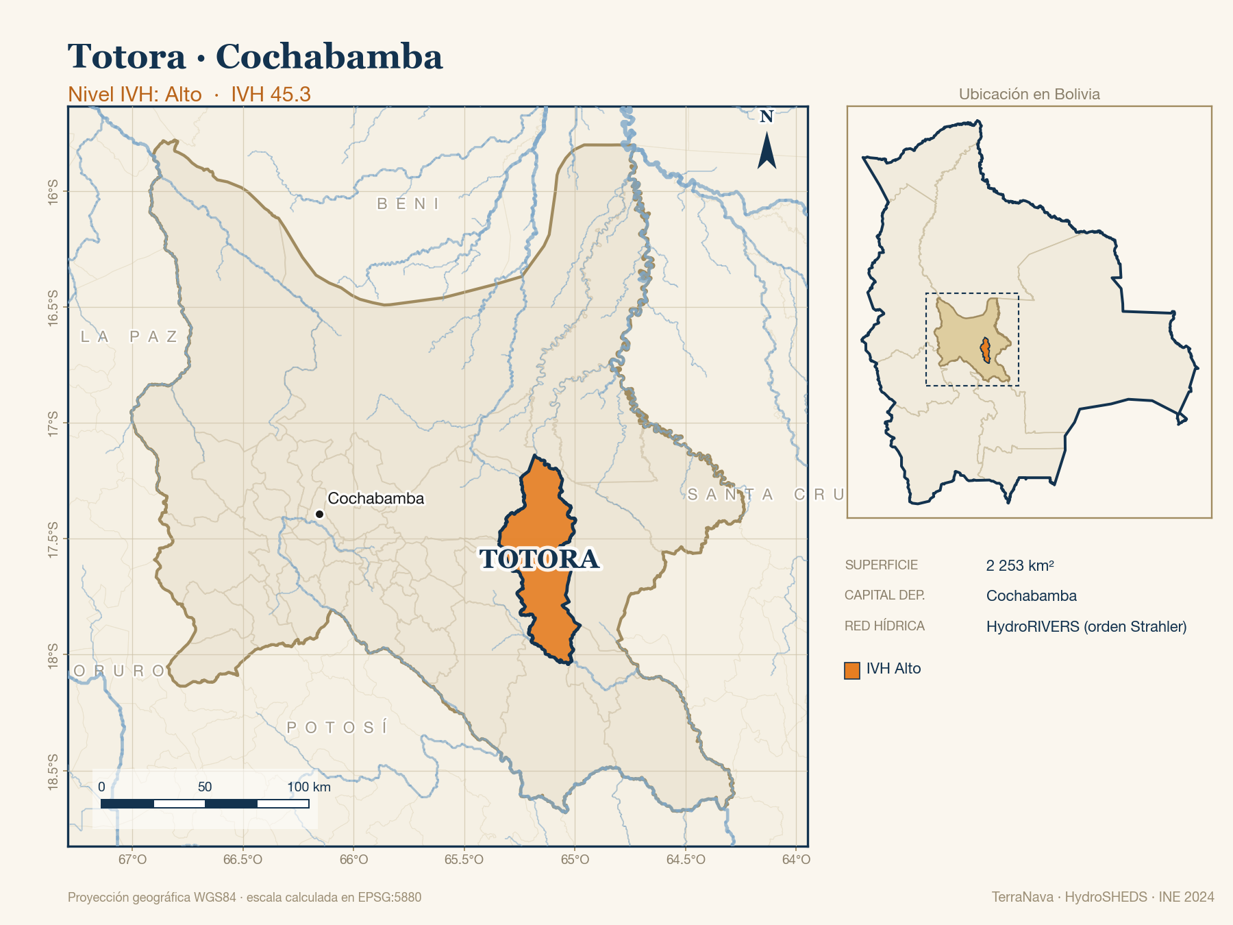 Mapa localizador de Totora (Cochabamba): zoom departamental con red hídrica HydroRIVERS, municipio destacado por nivel IVH y ubicación en Bolivia