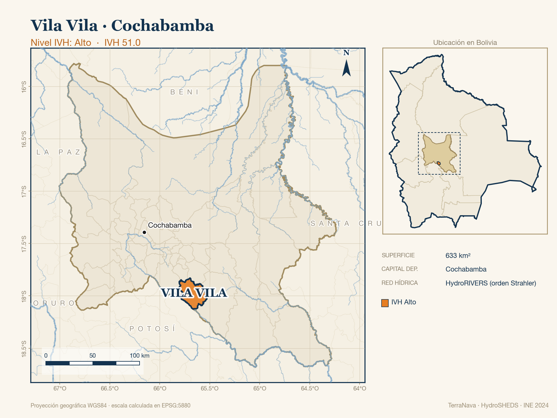 Mapa localizador de Vila Vila (Cochabamba): zoom departamental con red hídrica HydroRIVERS, municipio destacado por nivel IVH y ubicación en Bolivia