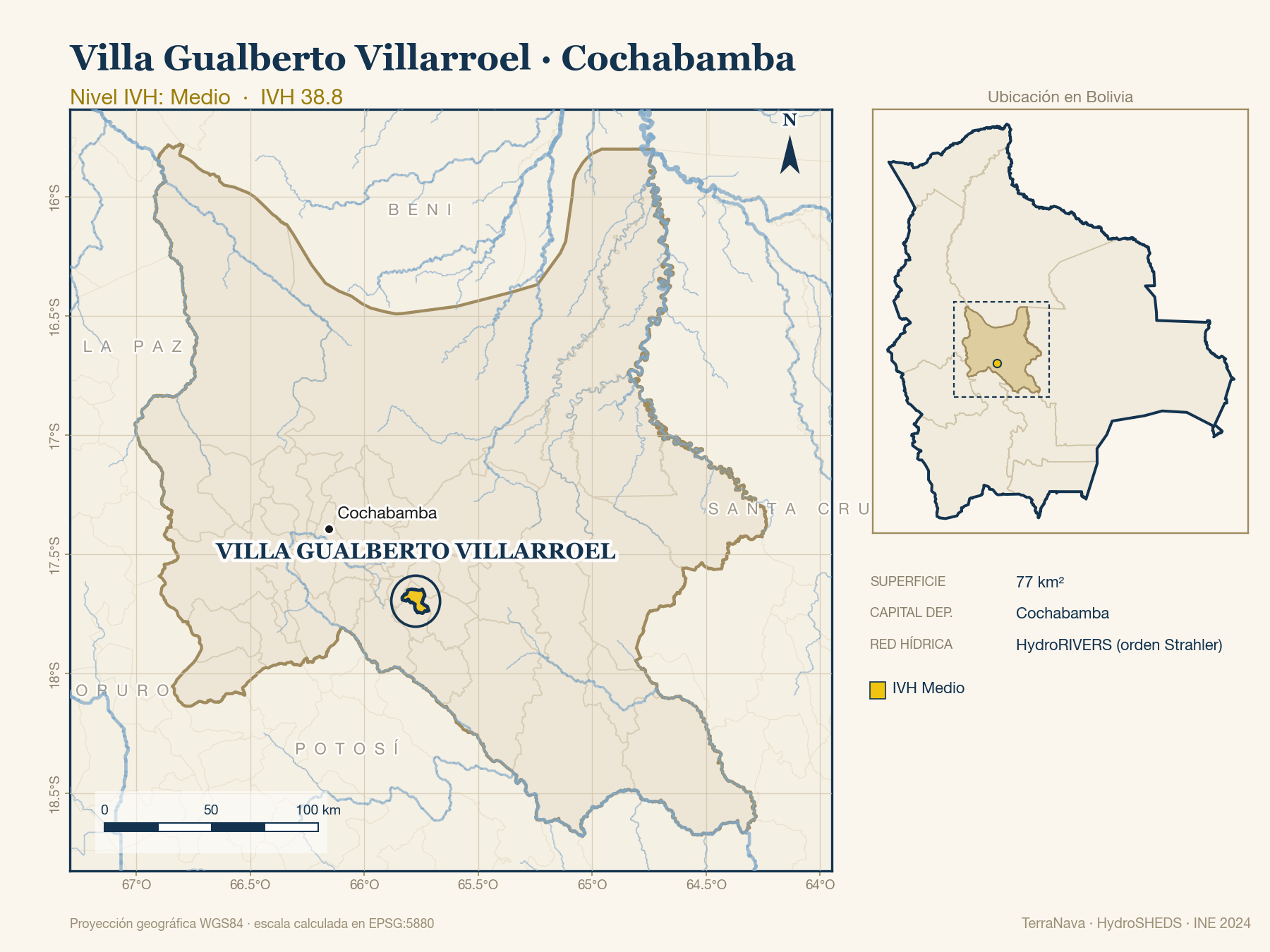 Mapa localizador de Villa Gualberto Villarroel (Cochabamba): zoom departamental con red hídrica HydroRIVERS, municipio destacado por nivel IVH y ubicación en Bolivia
