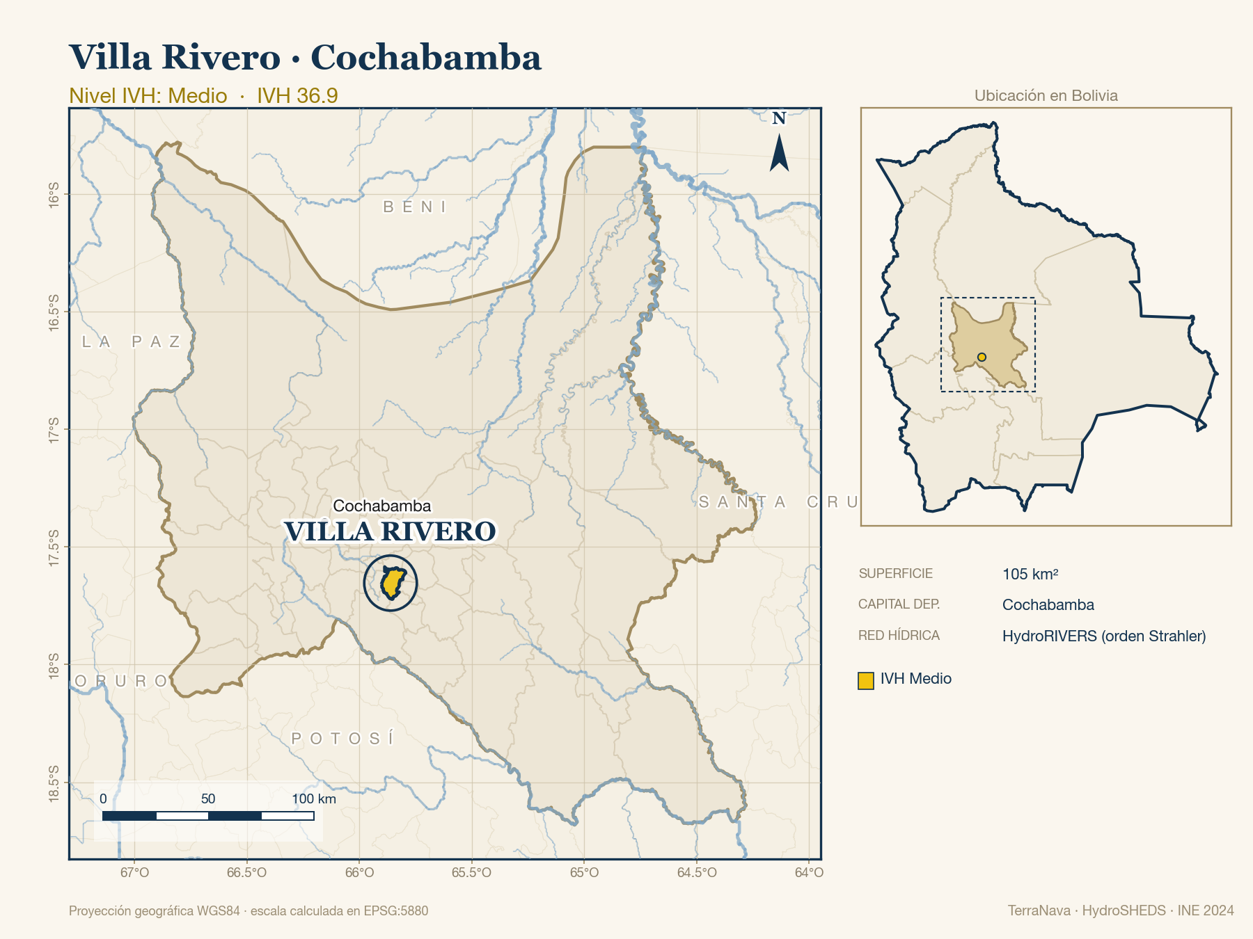 Mapa localizador de Villa Rivero (Cochabamba): zoom departamental con red hídrica HydroRIVERS, municipio destacado por nivel IVH y ubicación en Bolivia