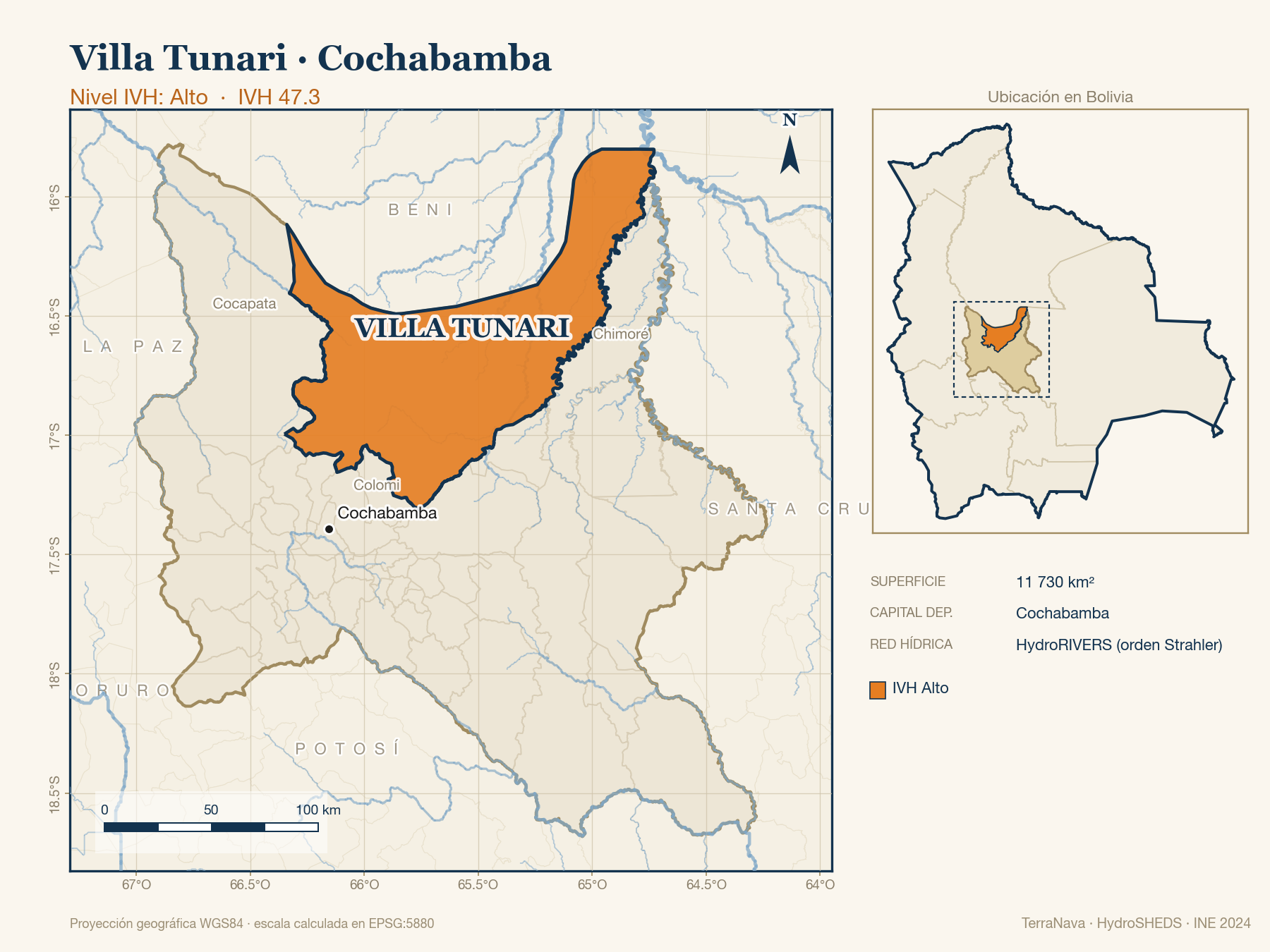 Mapa localizador de Villa Tunari (Cochabamba): zoom departamental con red hídrica HydroRIVERS, municipio destacado por nivel IVH y ubicación en Bolivia