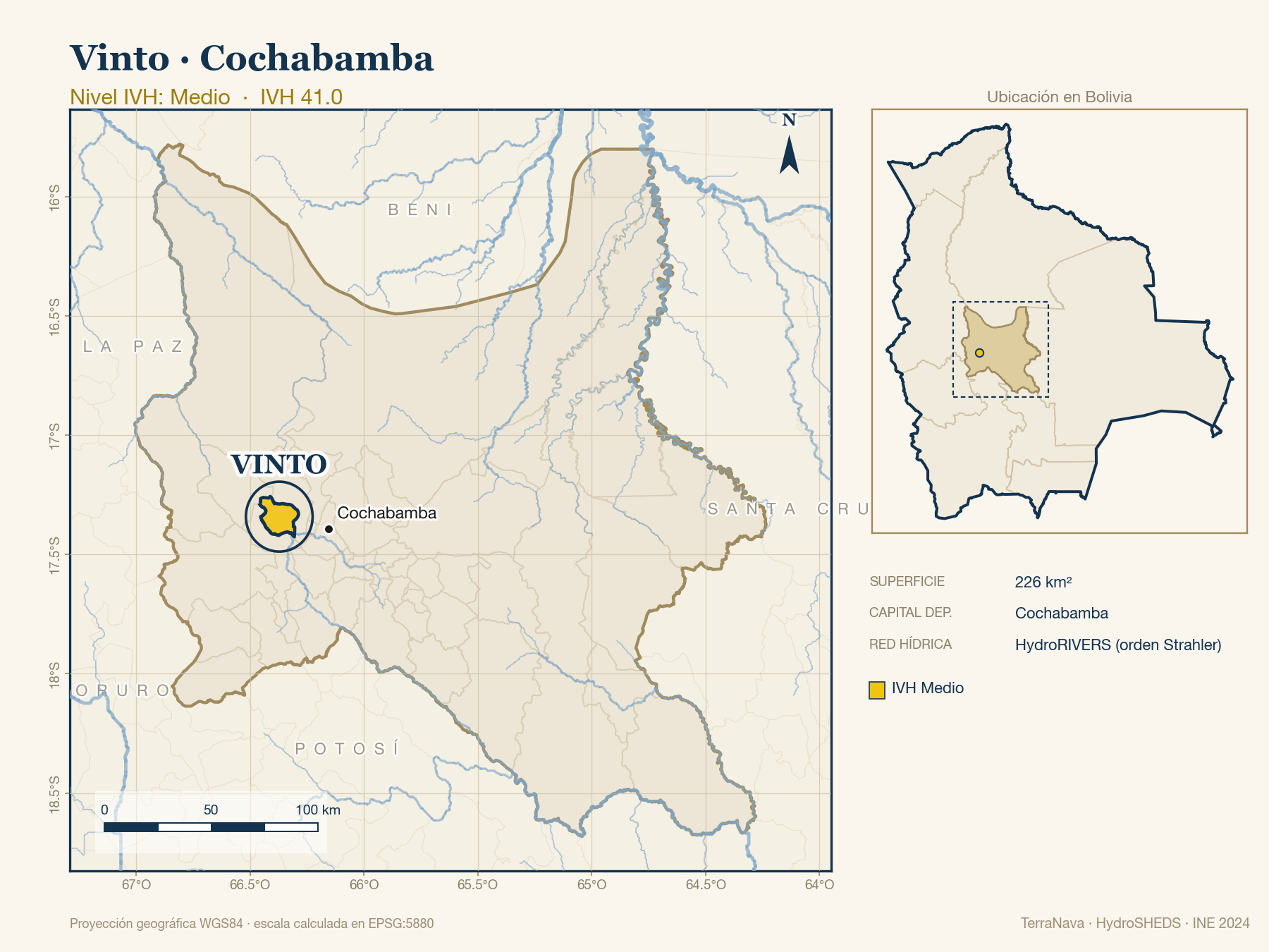 Mapa localizador de Vinto (Cochabamba): zoom departamental con red hídrica HydroRIVERS, municipio destacado por nivel IVH y ubicación en Bolivia