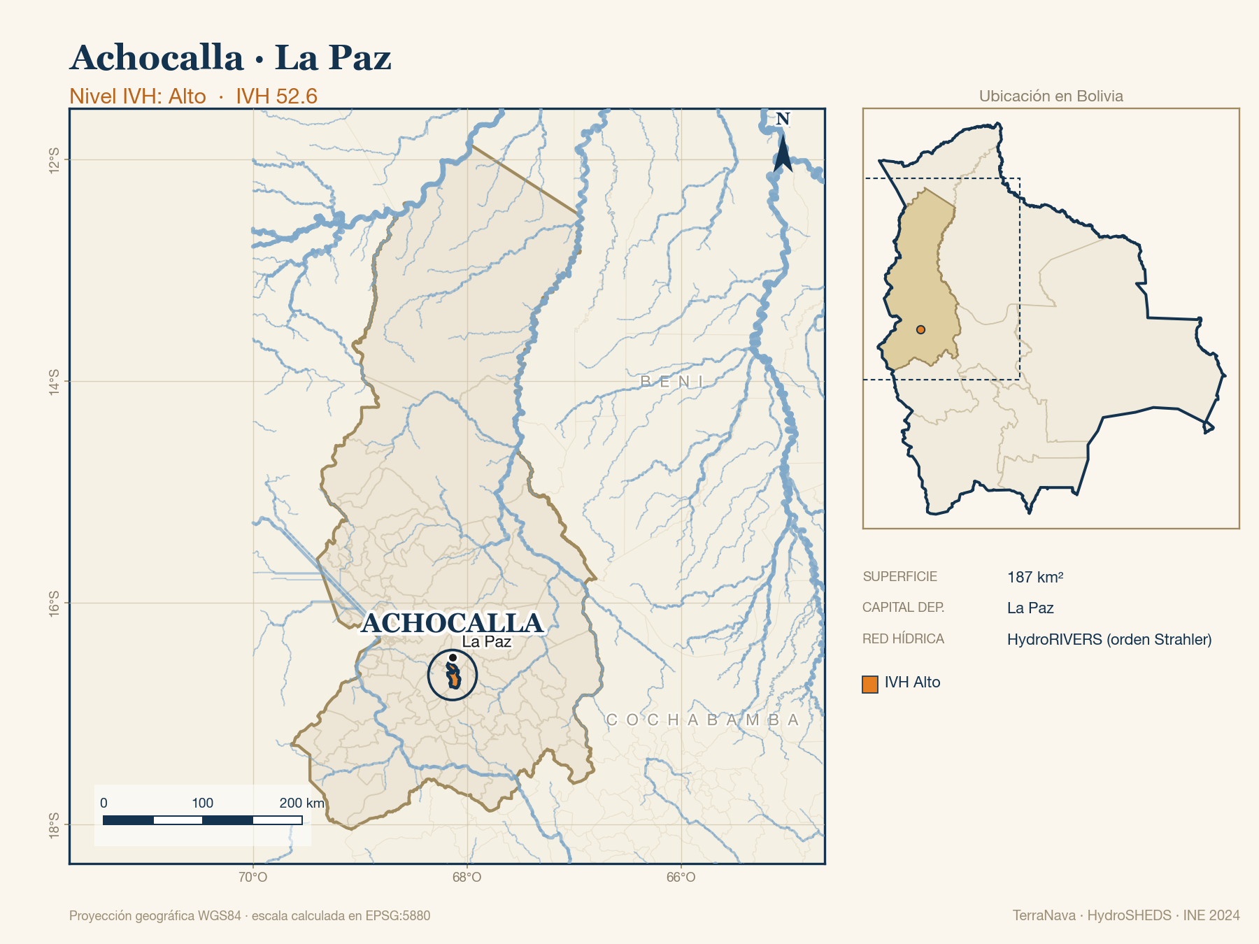 Mapa localizador de Achocalla (La Paz): zoom departamental con red hídrica HydroRIVERS, municipio destacado por nivel IVH y ubicación en Bolivia
