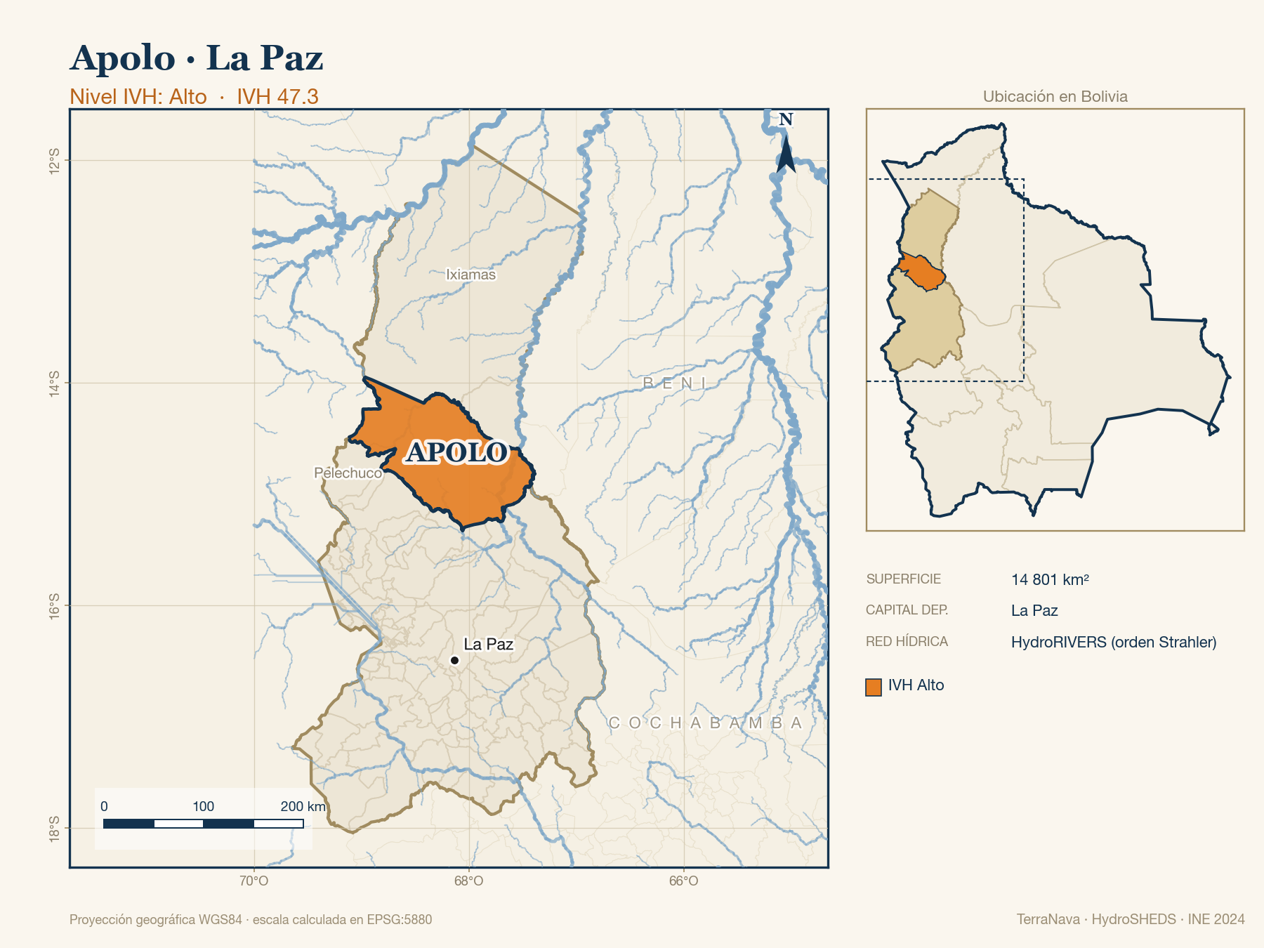 Mapa localizador de Apolo (La Paz): zoom departamental con red hídrica HydroRIVERS, municipio destacado por nivel IVH y ubicación en Bolivia