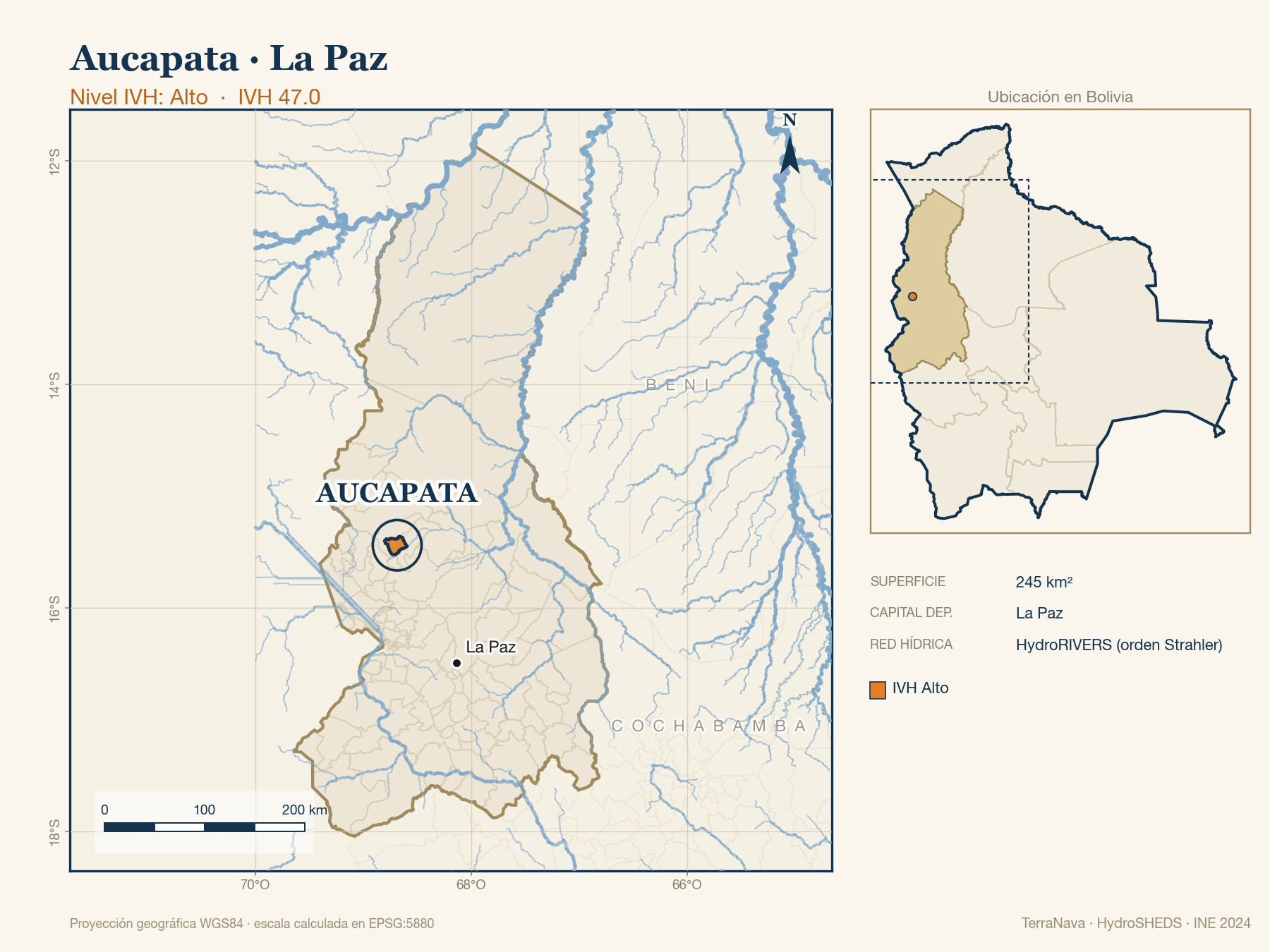 Mapa localizador de Aucapata (La Paz): zoom departamental con red hídrica HydroRIVERS, municipio destacado por nivel IVH y ubicación en Bolivia