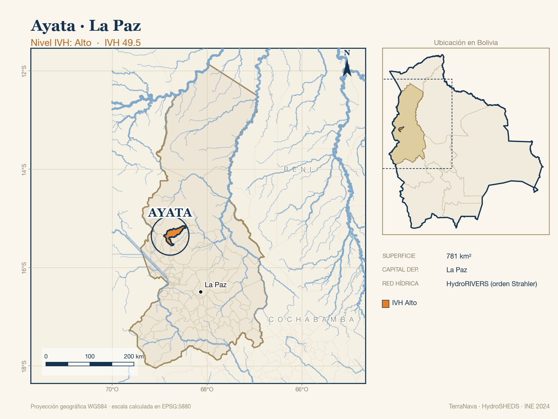 Mapa localizador de Ayata (La Paz): zoom departamental con red hídrica HydroRIVERS, municipio destacado por nivel IVH y ubicación en Bolivia