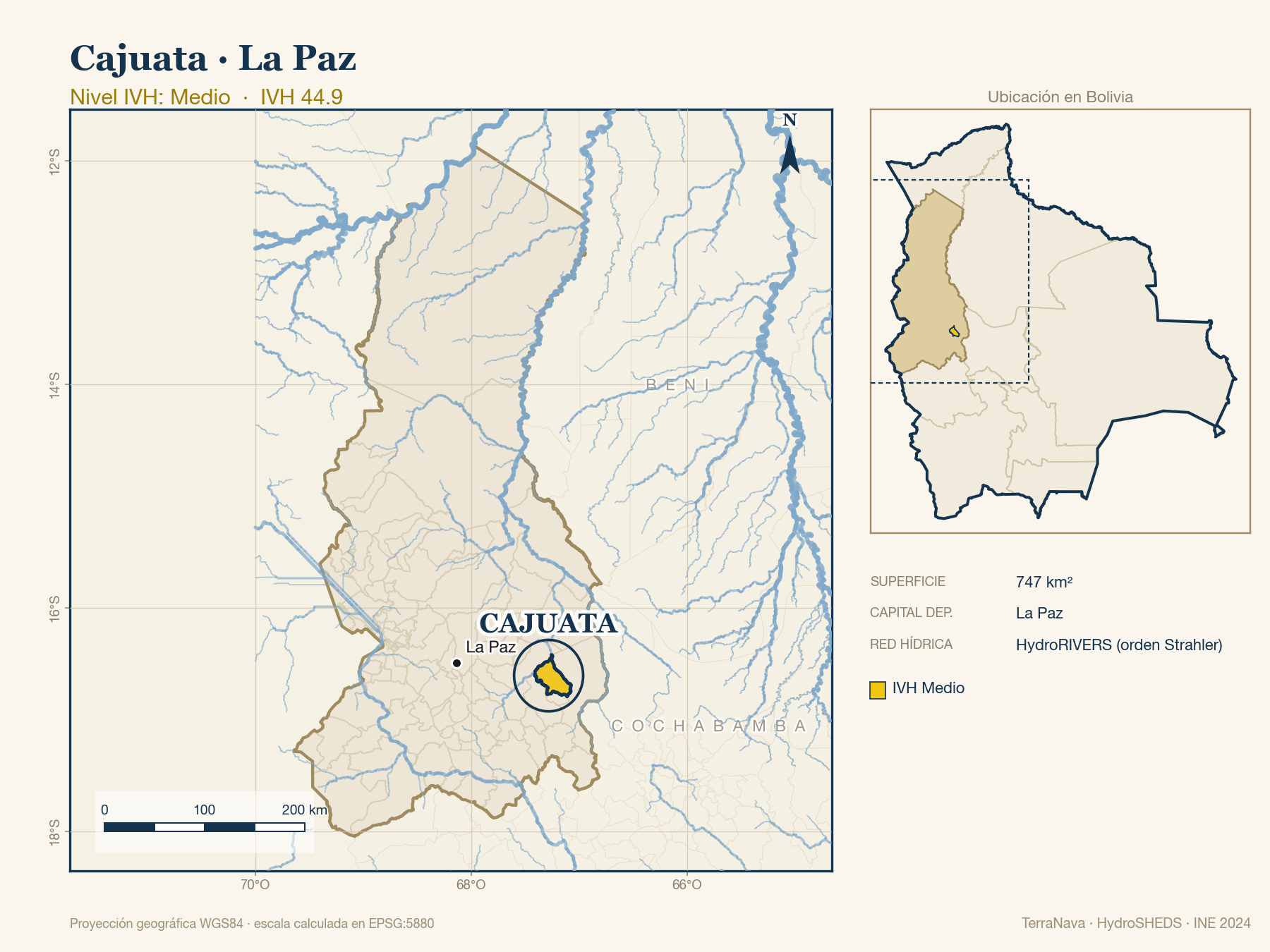 Mapa localizador de Cajuata (La Paz): zoom departamental con red hídrica HydroRIVERS, municipio destacado por nivel IVH y ubicación en Bolivia