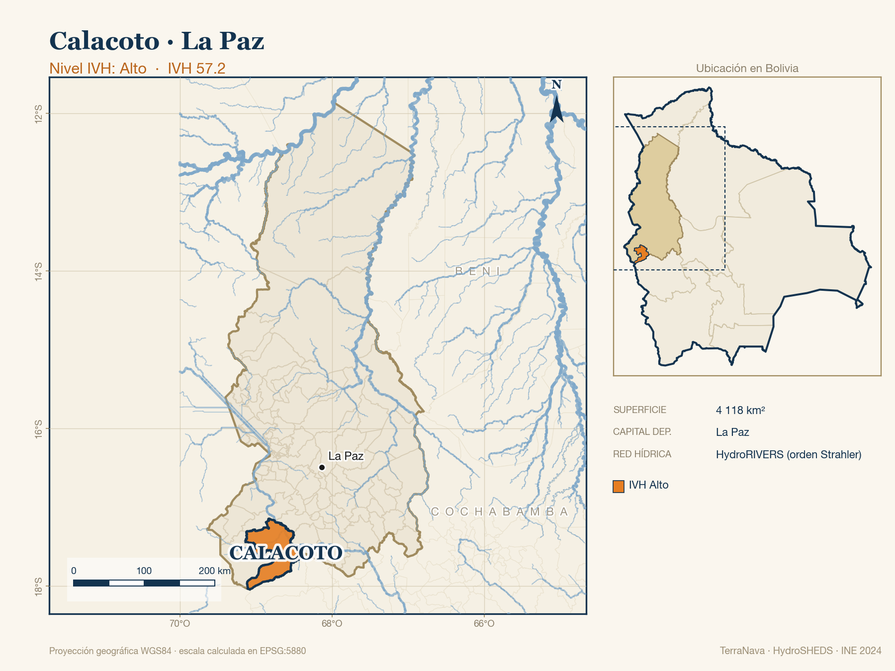 Mapa localizador de Calacoto (La Paz): zoom departamental con red hídrica HydroRIVERS, municipio destacado por nivel IVH y ubicación en Bolivia