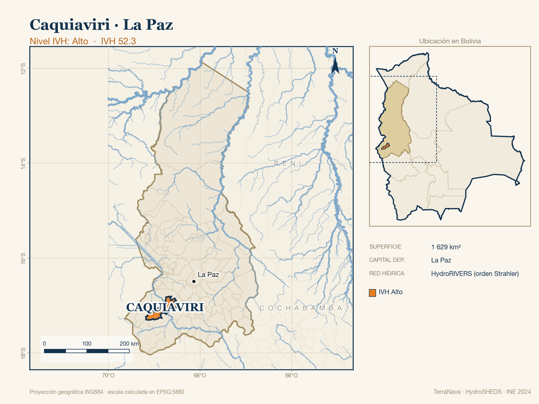 Mapa localizador de Caquiaviri (La Paz): zoom departamental con red hídrica HydroRIVERS, municipio destacado por nivel IVH y ubicación en Bolivia