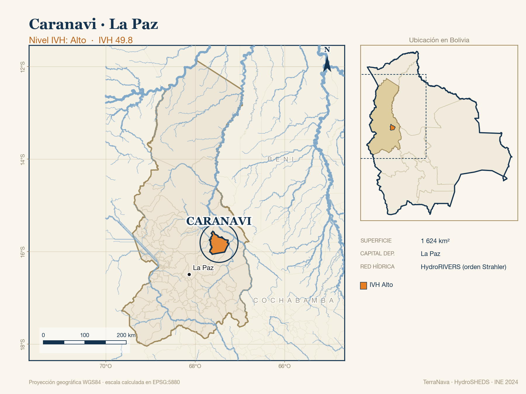 Mapa localizador de Caranavi (La Paz): zoom departamental con red hídrica HydroRIVERS, municipio destacado por nivel IVH y ubicación en Bolivia