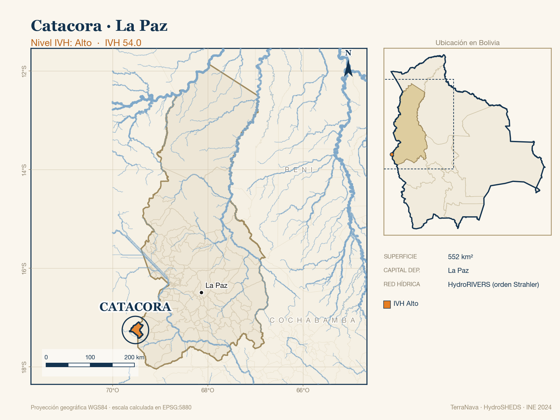 Mapa localizador de Catacora (La Paz): zoom departamental con red hídrica HydroRIVERS, municipio destacado por nivel IVH y ubicación en Bolivia