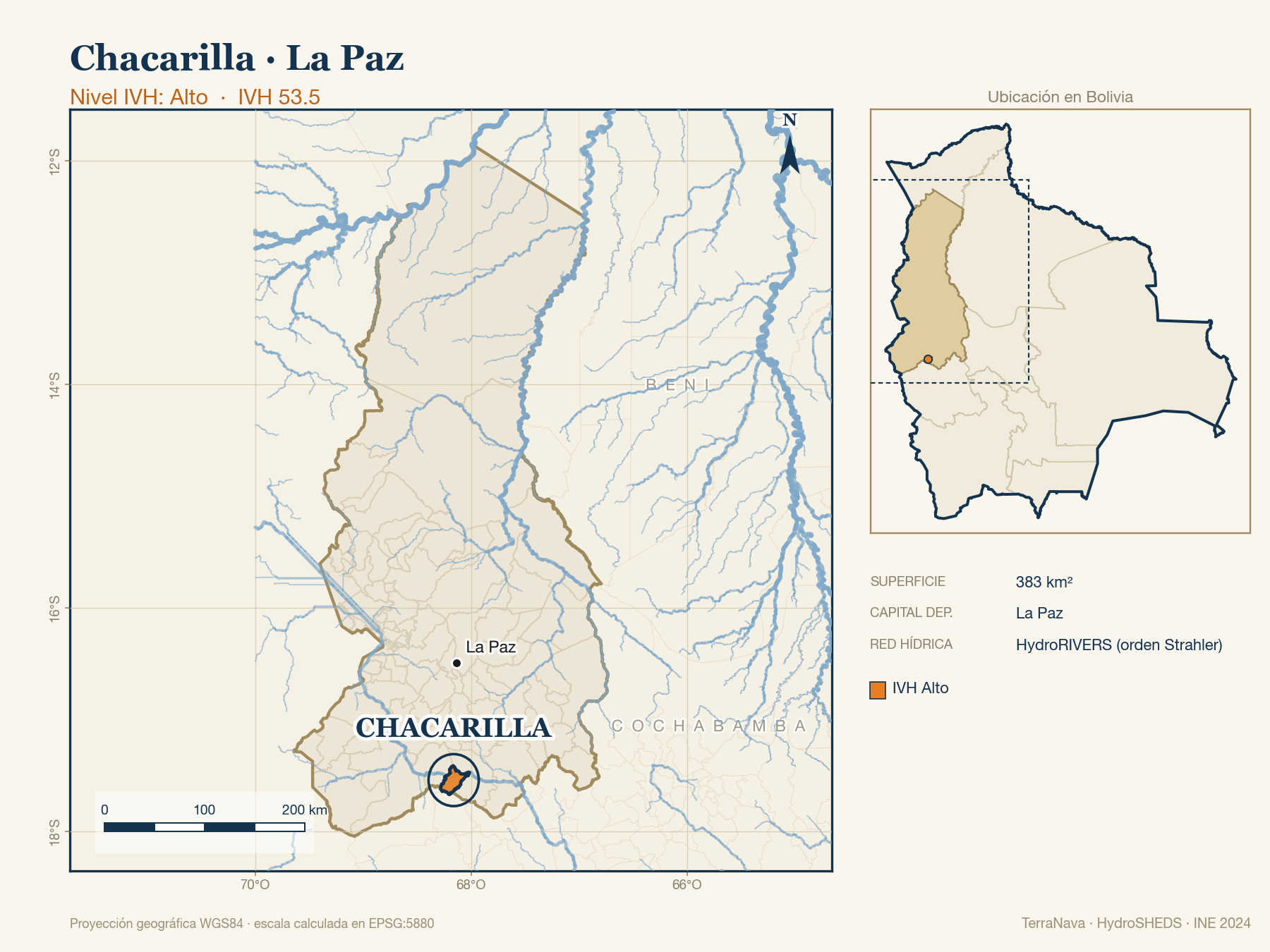 Mapa localizador de Chacarilla (La Paz): zoom departamental con red hídrica HydroRIVERS, municipio destacado por nivel IVH y ubicación en Bolivia