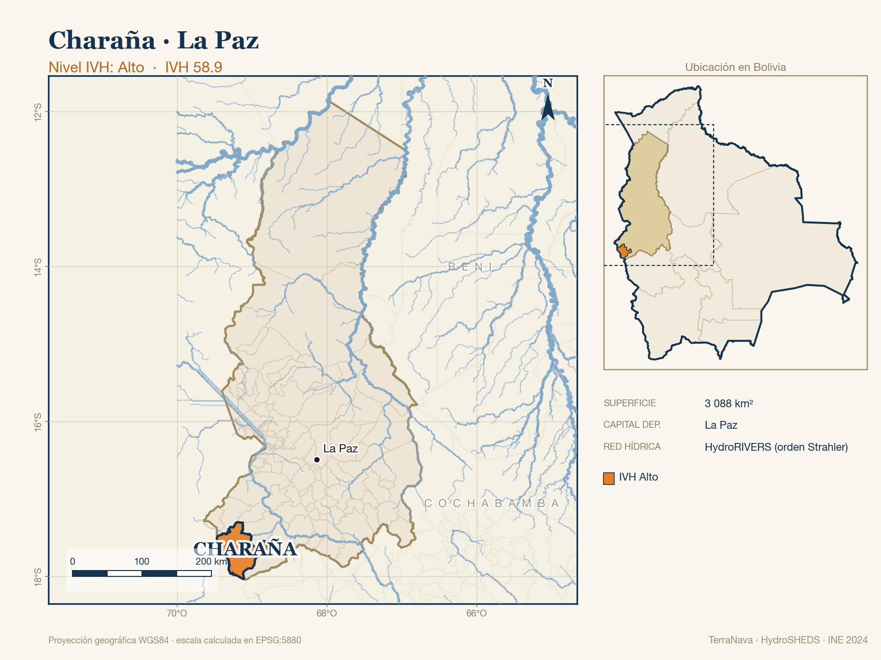 Mapa localizador de Charaña (La Paz): zoom departamental con red hídrica HydroRIVERS, municipio destacado por nivel IVH y ubicación en Bolivia