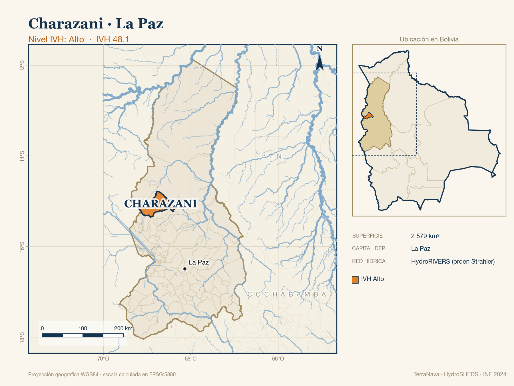 Mapa localizador de Charazani (La Paz): zoom departamental con red hídrica HydroRIVERS, municipio destacado por nivel IVH y ubicación en Bolivia