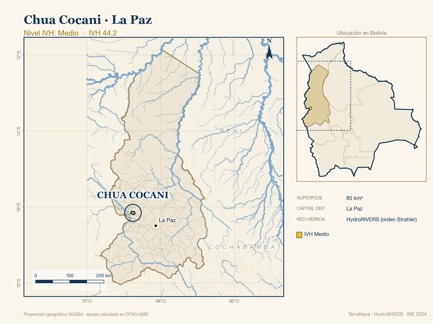 Mapa localizador de Chua Cocani (La Paz): zoom departamental con red hídrica HydroRIVERS, municipio destacado por nivel IVH y ubicación en Bolivia
