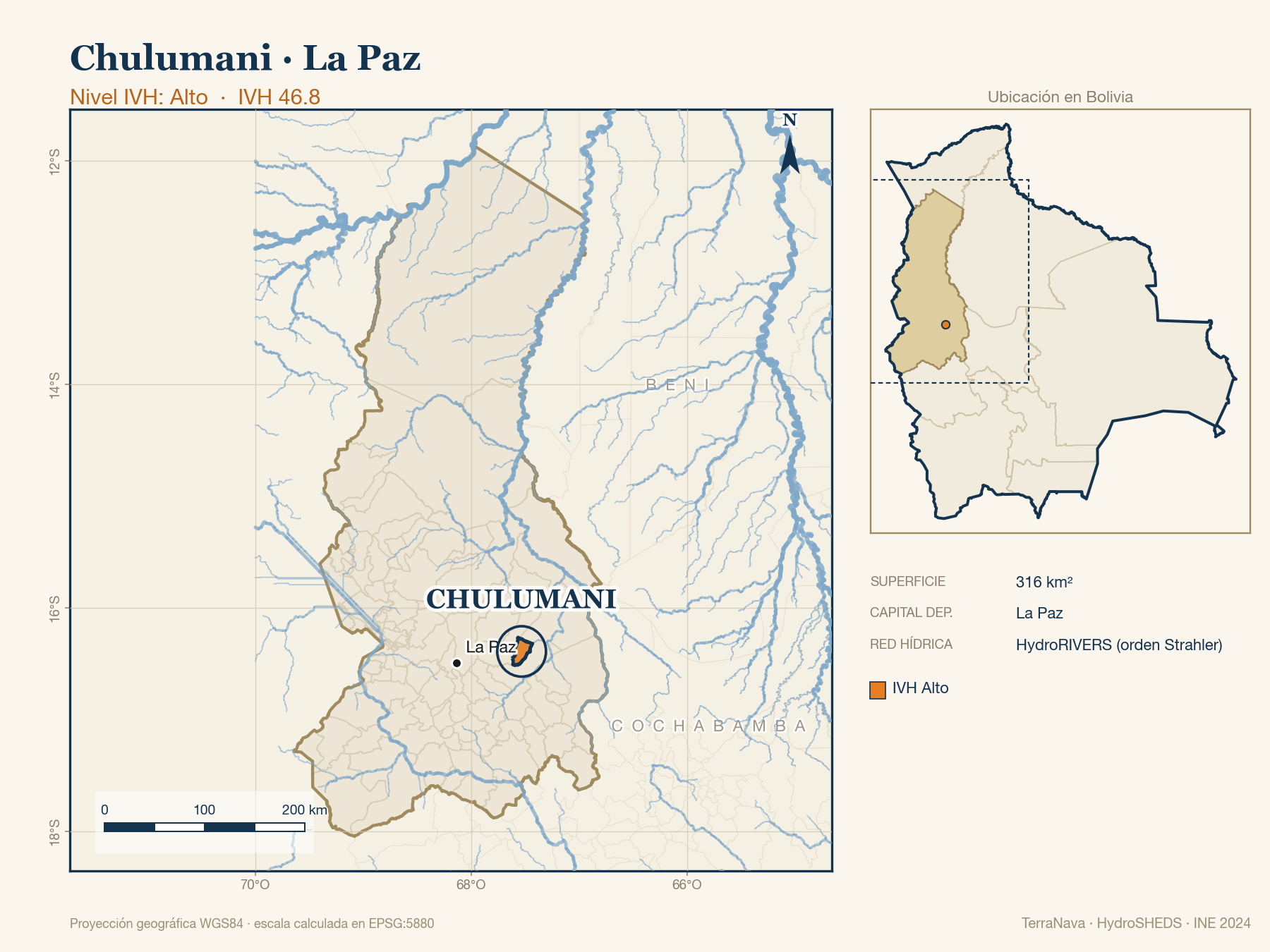 Mapa localizador de Chulumani (La Paz): zoom departamental con red hídrica HydroRIVERS, municipio destacado por nivel IVH y ubicación en Bolivia
