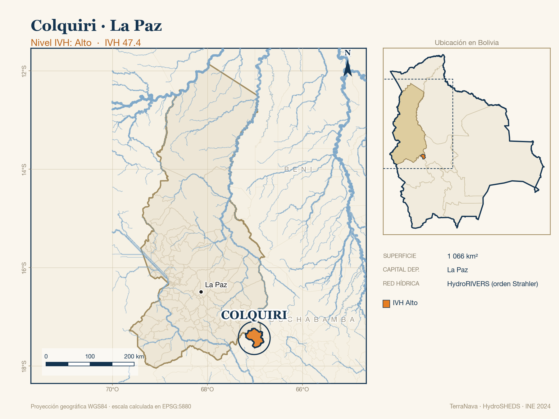 Mapa localizador de Colquiri (La Paz): zoom departamental con red hídrica HydroRIVERS, municipio destacado por nivel IVH y ubicación en Bolivia