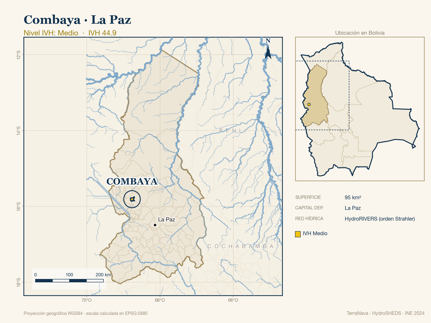 Mapa localizador de Combaya (La Paz): zoom departamental con red hídrica HydroRIVERS, municipio destacado por nivel IVH y ubicación en Bolivia