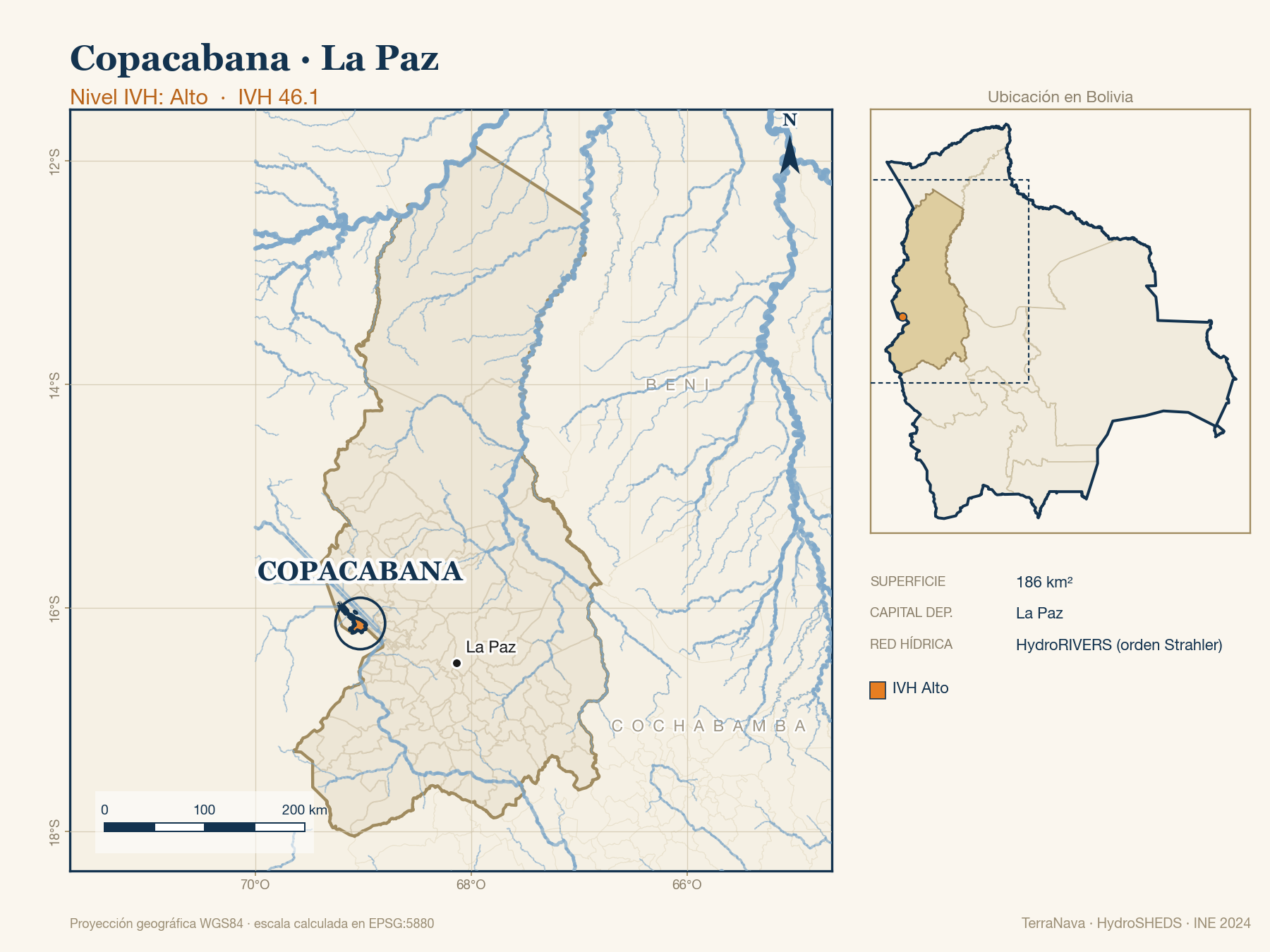 Mapa localizador de Copacabana (La Paz): zoom departamental con red hídrica HydroRIVERS, municipio destacado por nivel IVH y ubicación en Bolivia